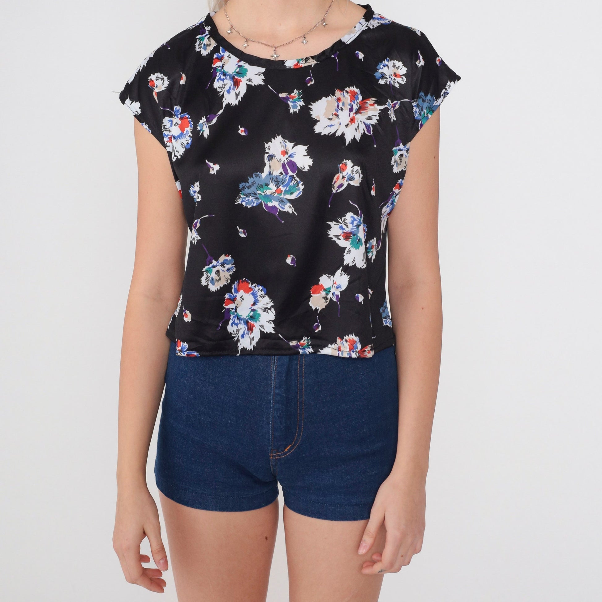 70s Black Floral Cap Sleeve Blouse Vintage Flower Print Top Medium