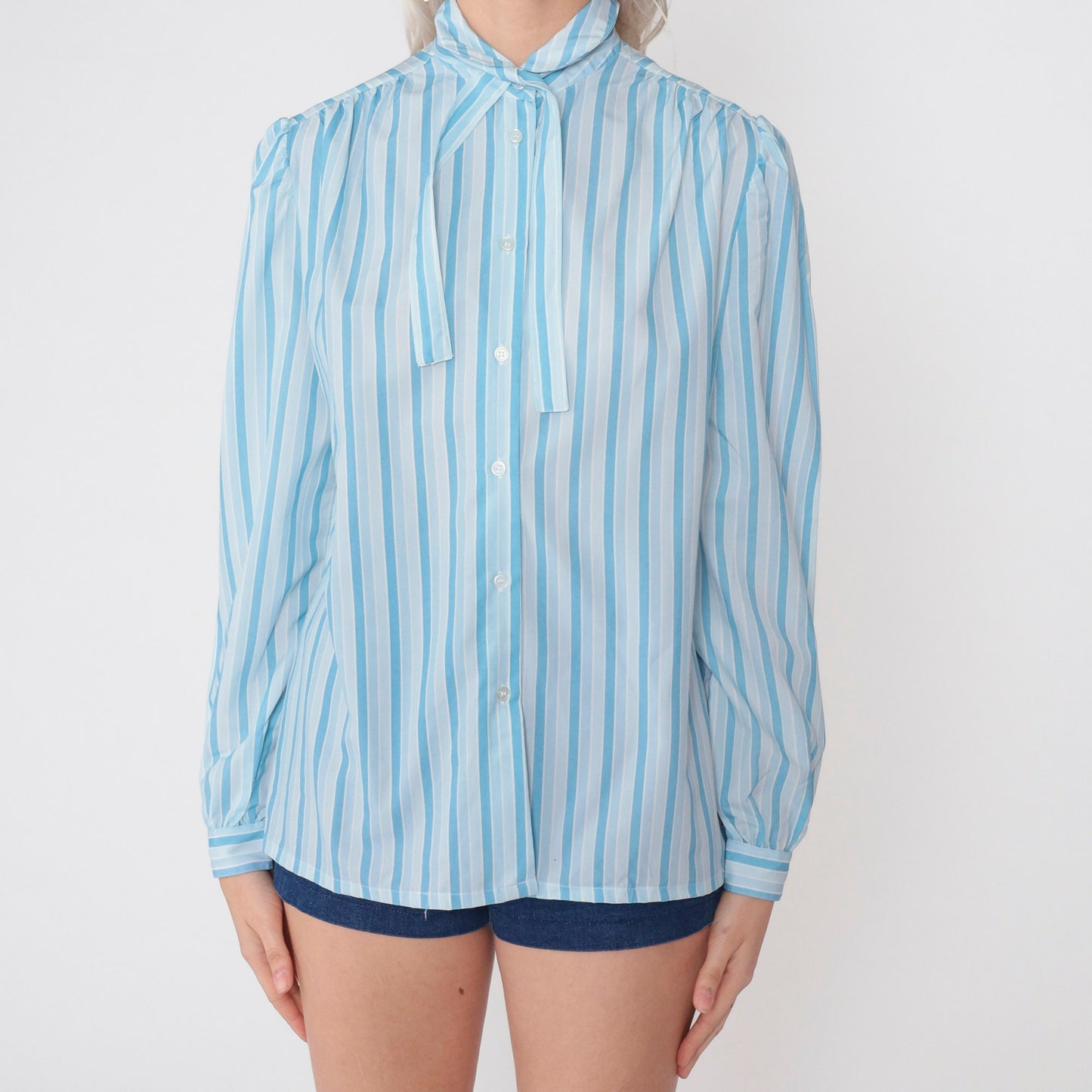 70s Striped Ascot Blouse Blue White Puff Sleeve Button Up Necktie Top Medium