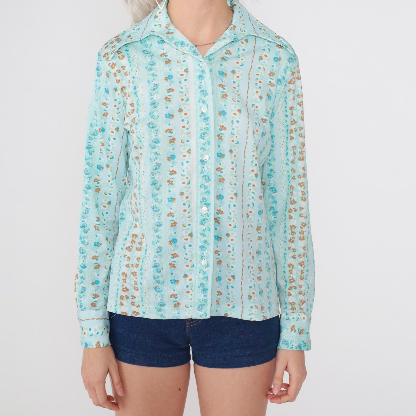 70s Blue Floral Striped Blouse Wing Collar Button Up Long Sleeve Medium