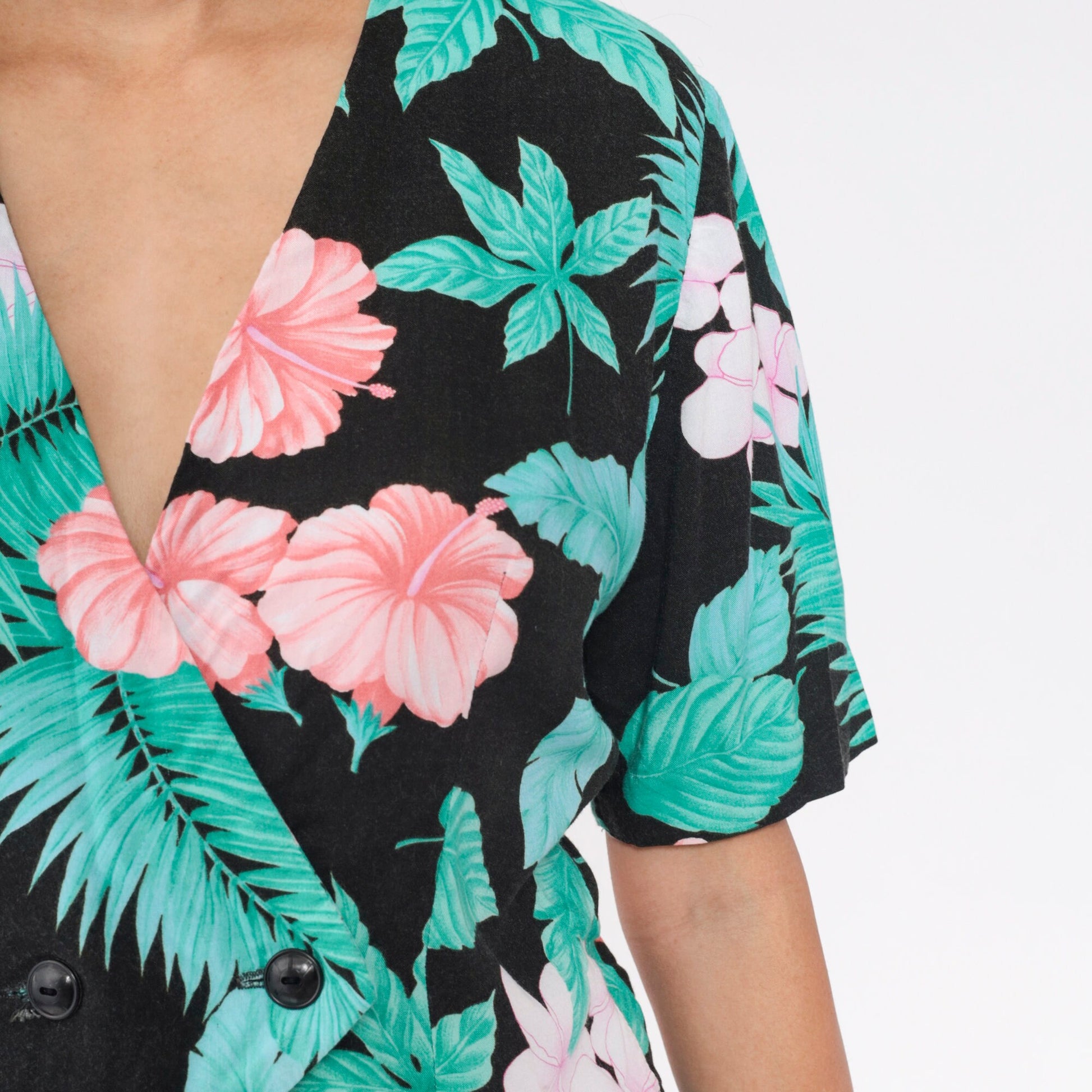 90s Black Tropical Floral Crop Top Double Breasted Blouse Medium M