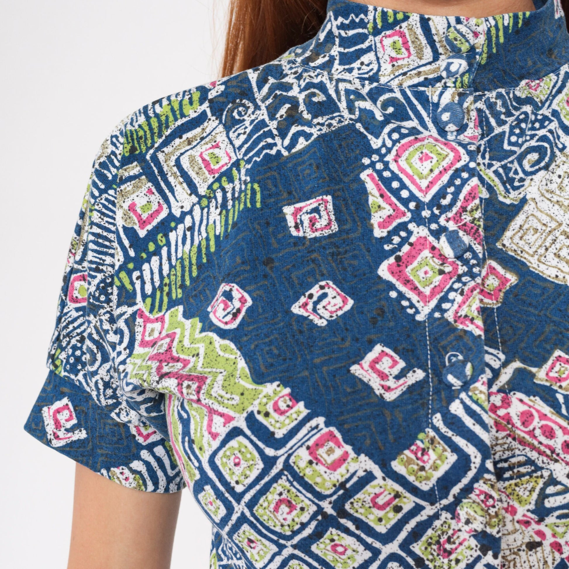 90s Batik Abstract Geometric Print Button-Up Shirt Blue Mock Neck Small