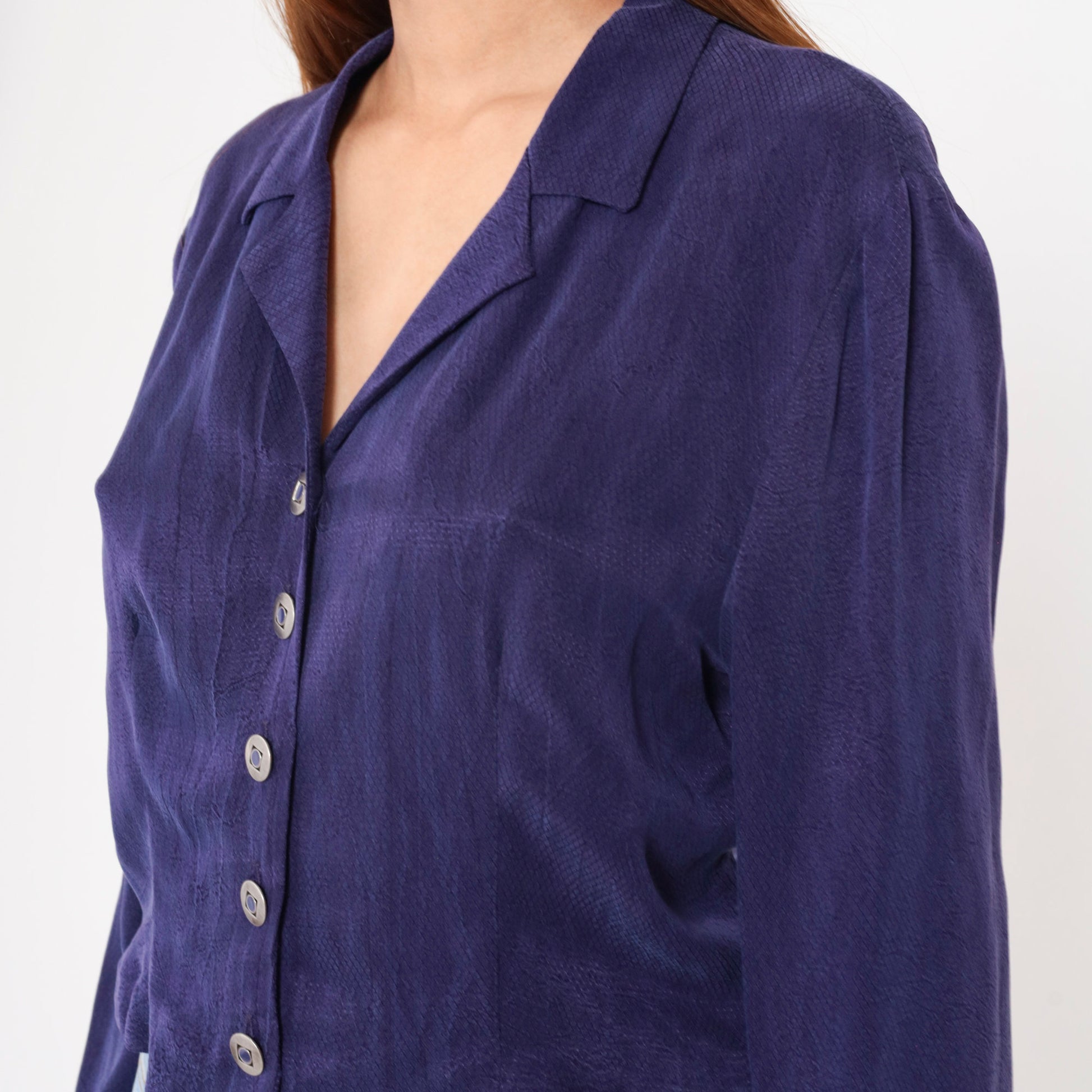90s Purple Embossed Diamond Blouse Button Up Long Sleeve Collared Shirt Large