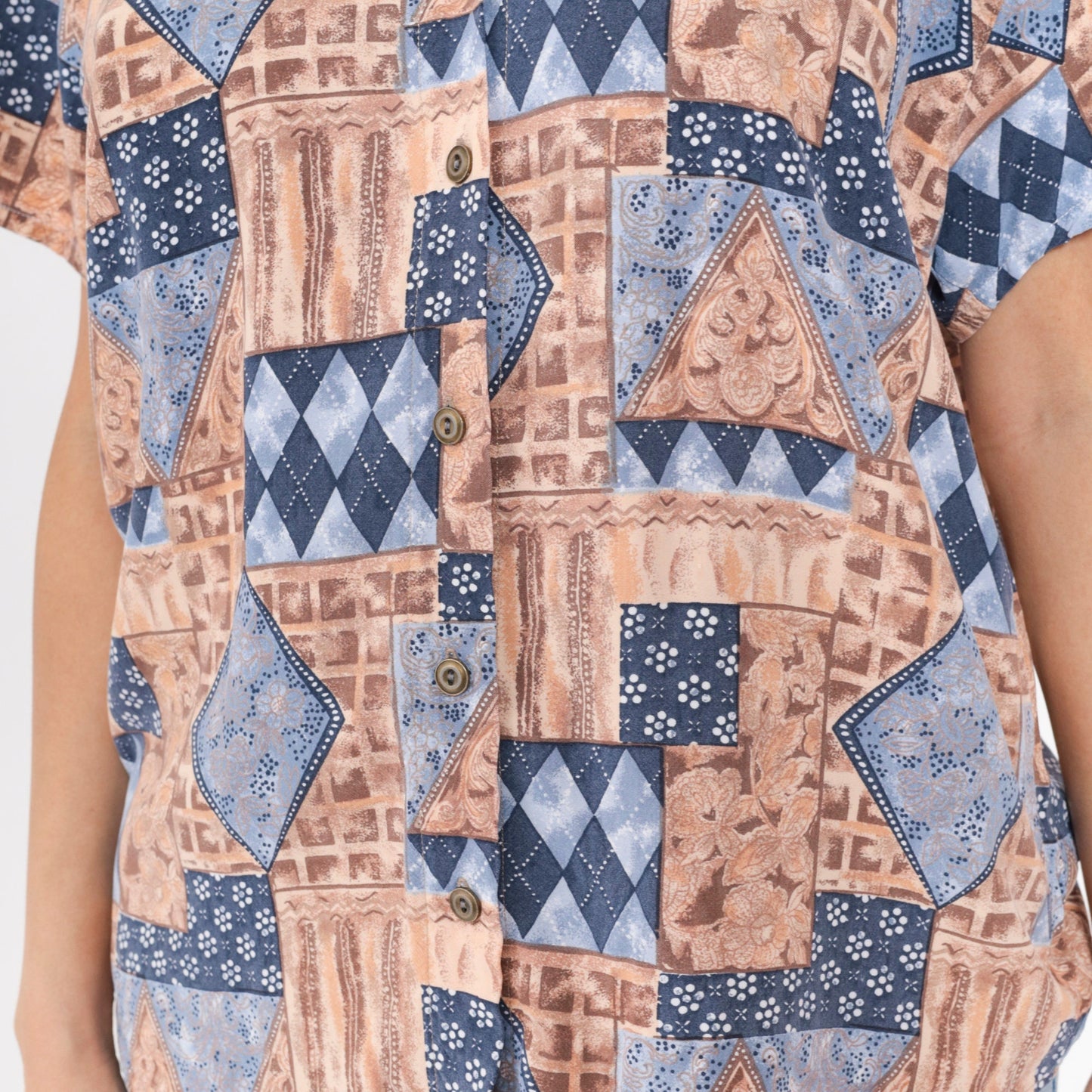 90s Geometric Floral Button-Up Blouse Short Sleeve Patchwork Print Blue Tan Large L