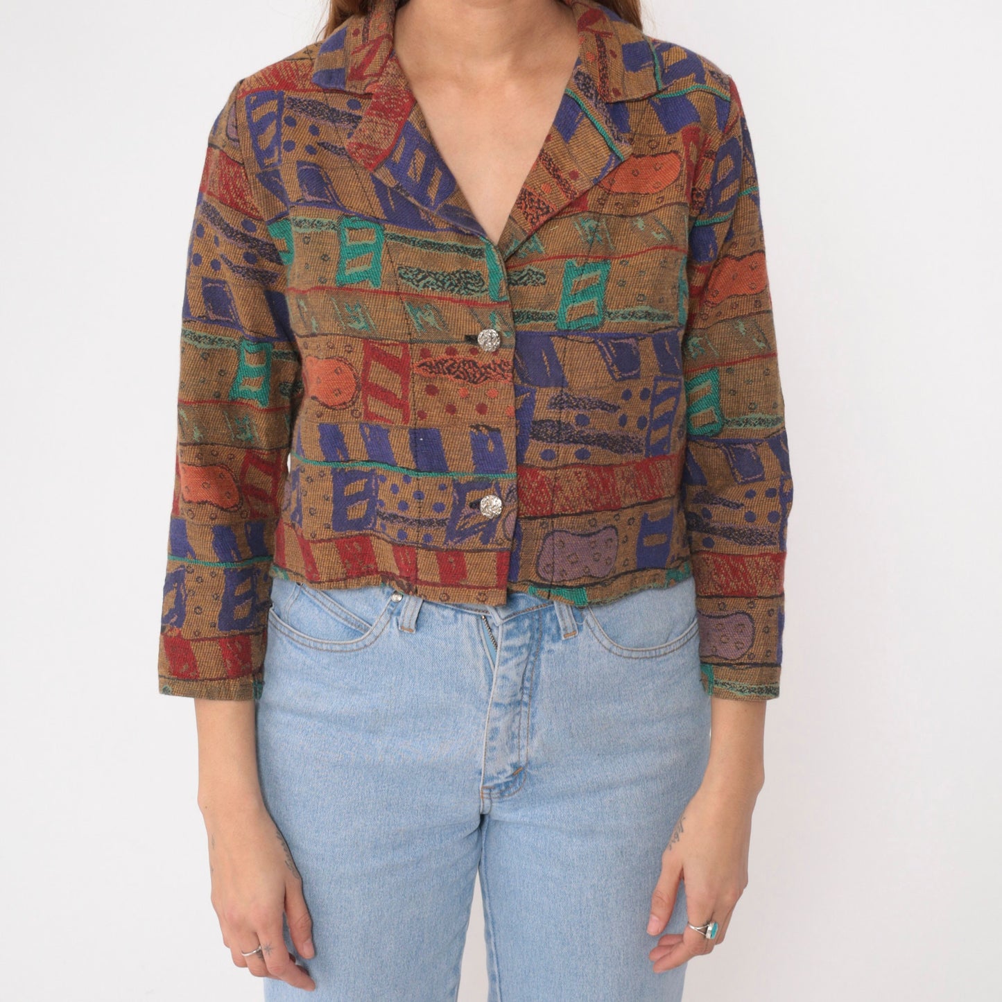 90s Tapestry Blazer Cropped Abstract Geometric Mustard Yellow Purple Extra Small