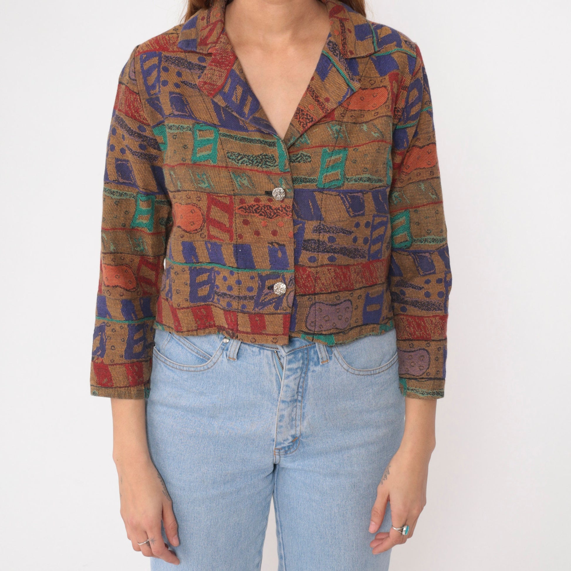 90s Tapestry Blazer Cropped Abstract Geometric Mustard Yellow Purple Extra Small