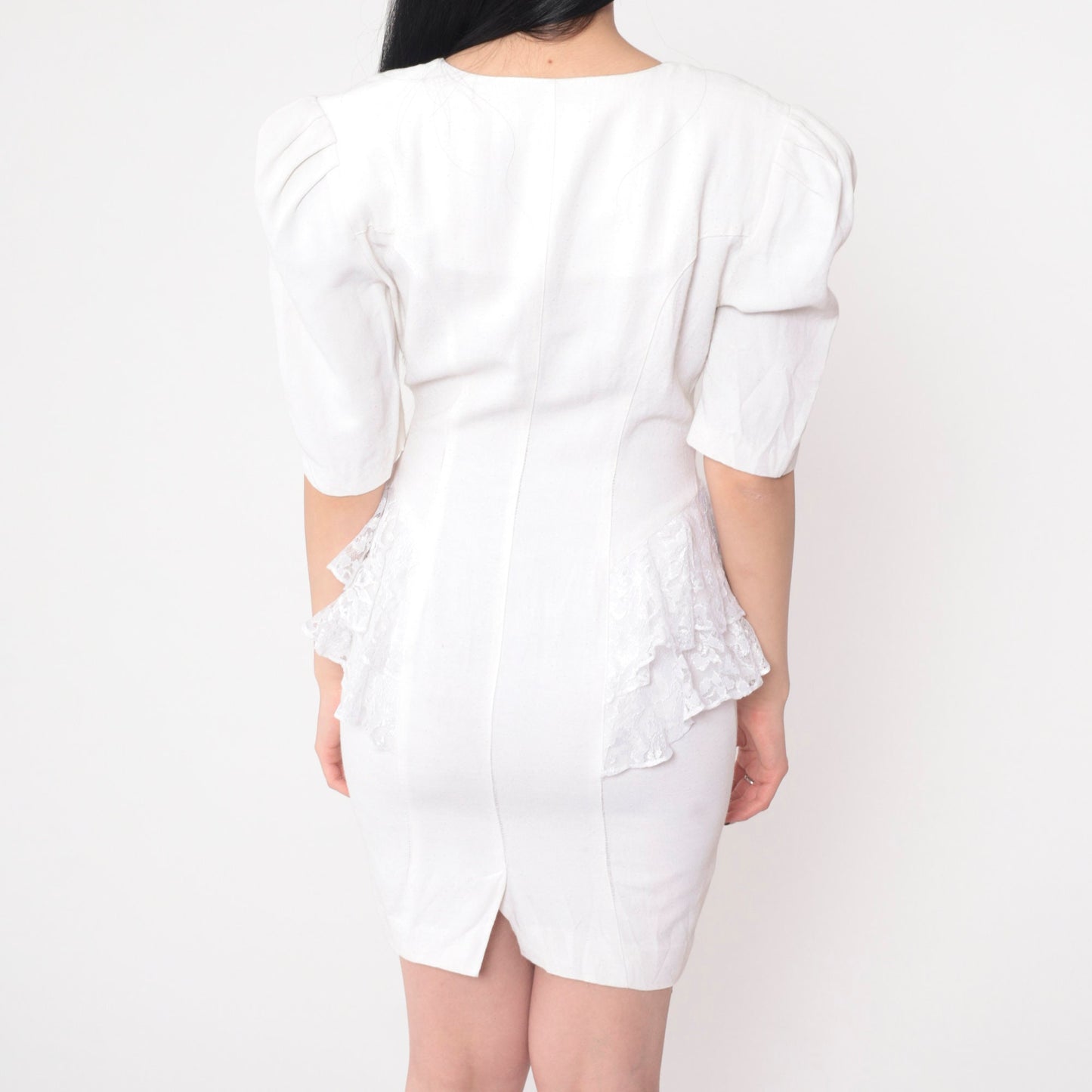 80s Young Edwardian White Lace Peplum Mini Dress Puff Sleeve Extra Small