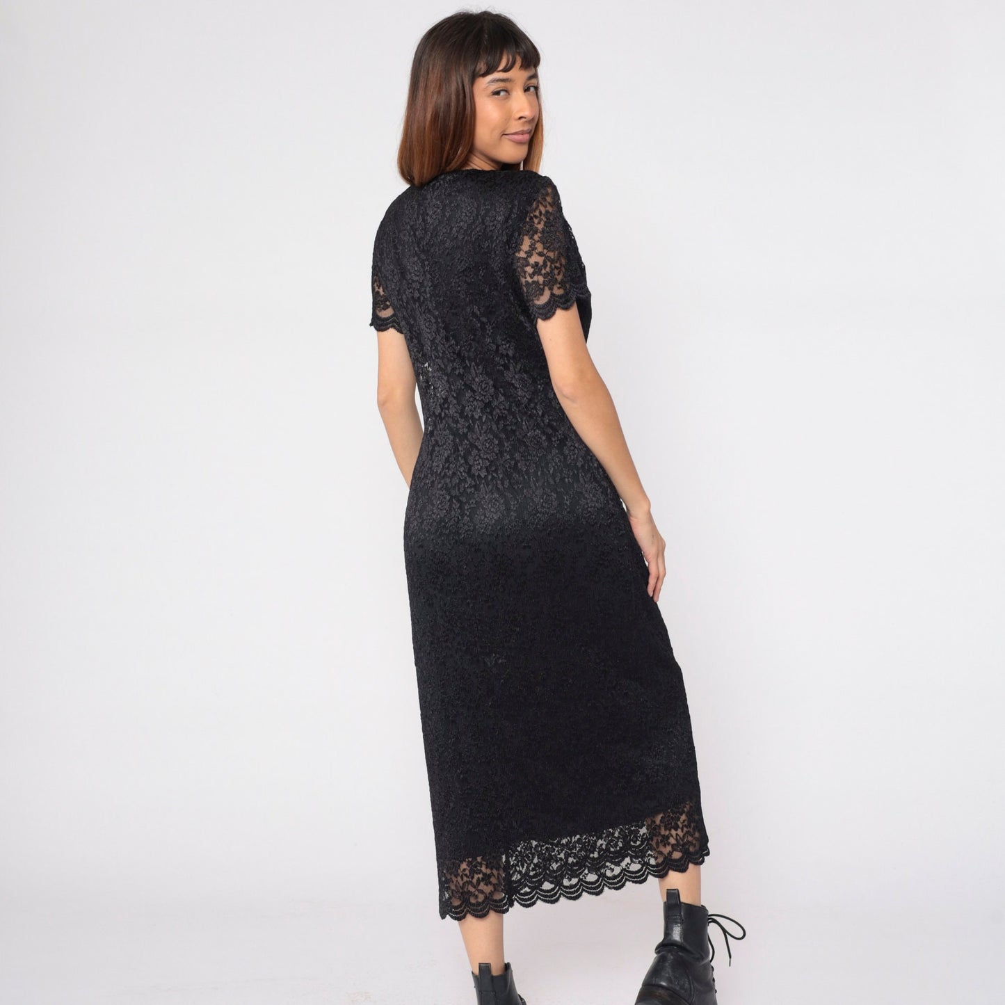90s Helen Blake Black Lace Floral Midi Dress Scoop Neck Short Sleeve Medium