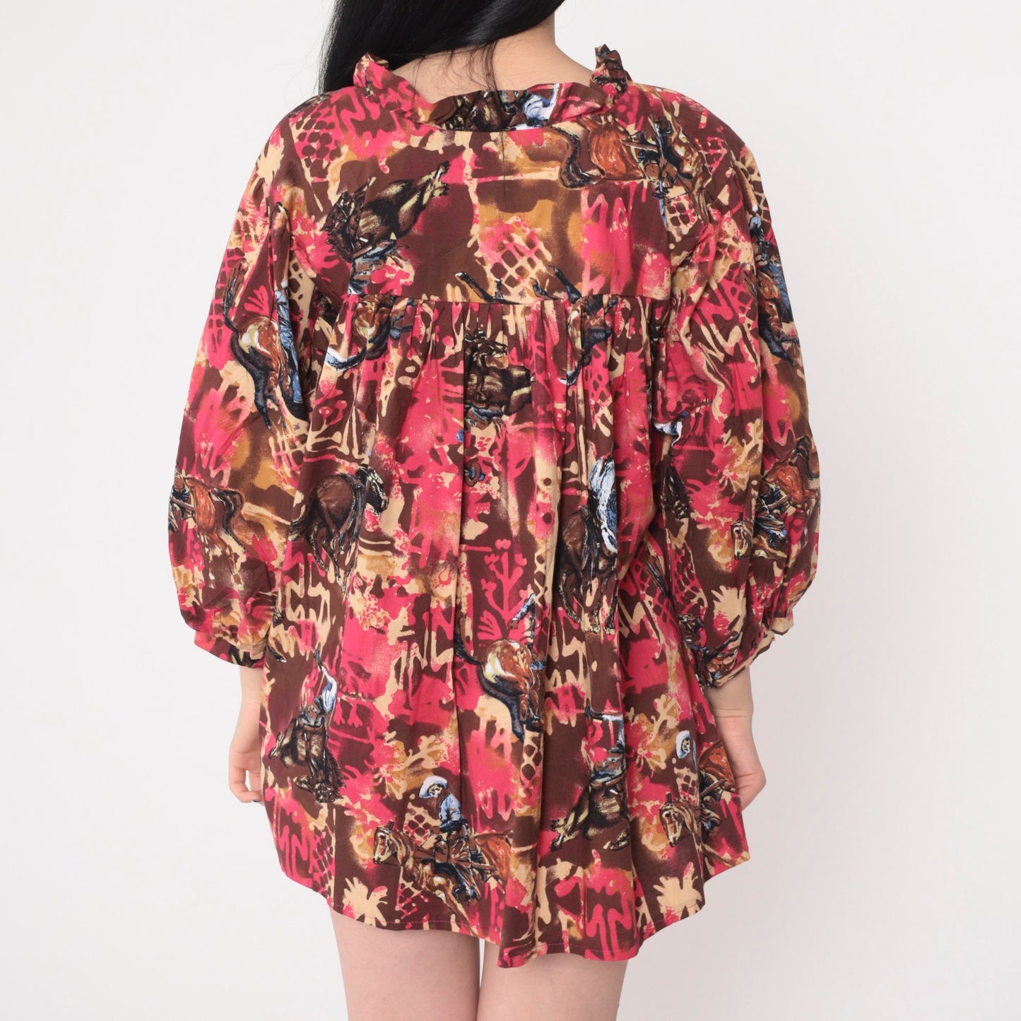 70s Rodeo Print Balloon Sleeve Blouse Red Tent Cut Slit Neckline Large L