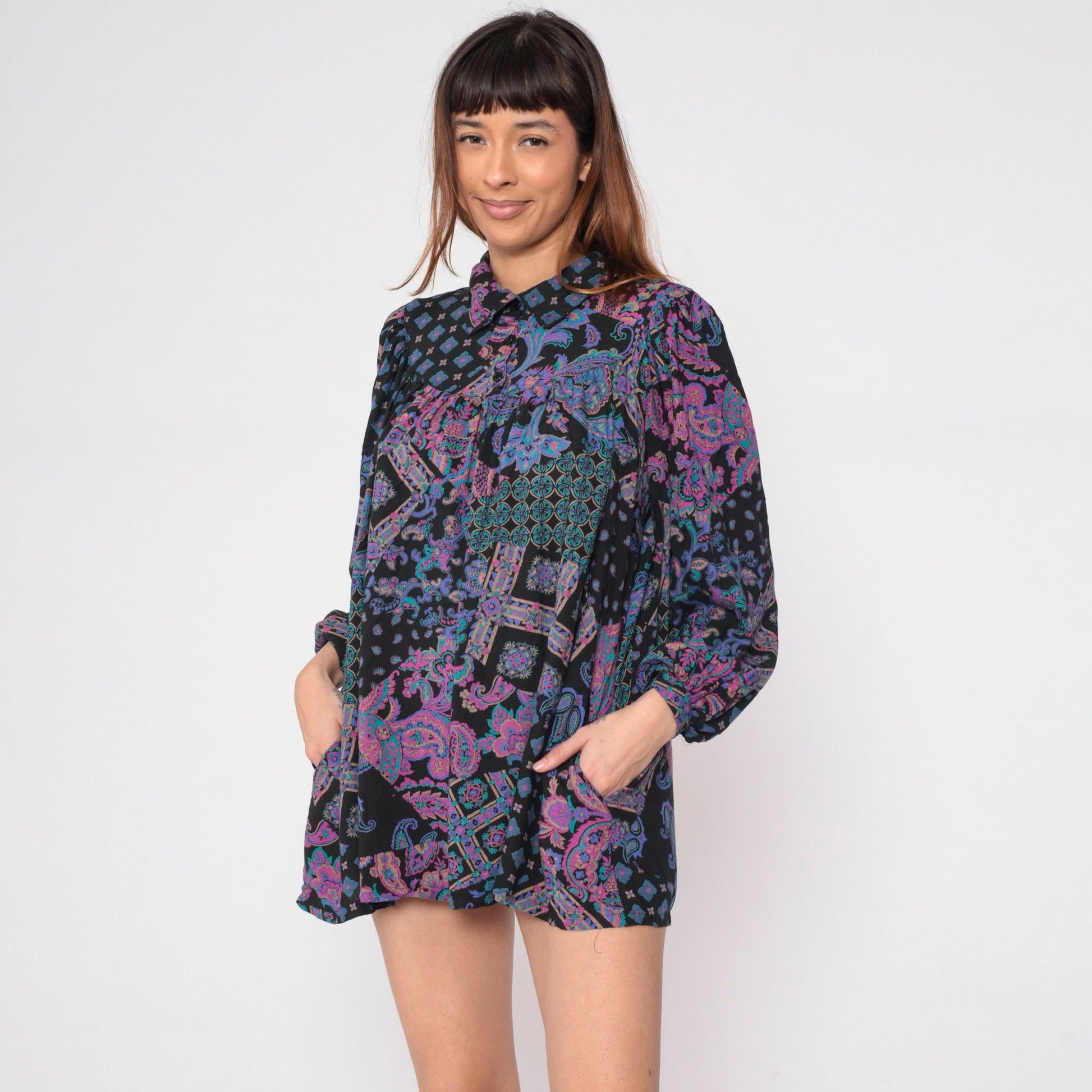 90s Black Abstract Floral Paisley Tunic Mini Dress Puff Sleeve Collared Medium Large