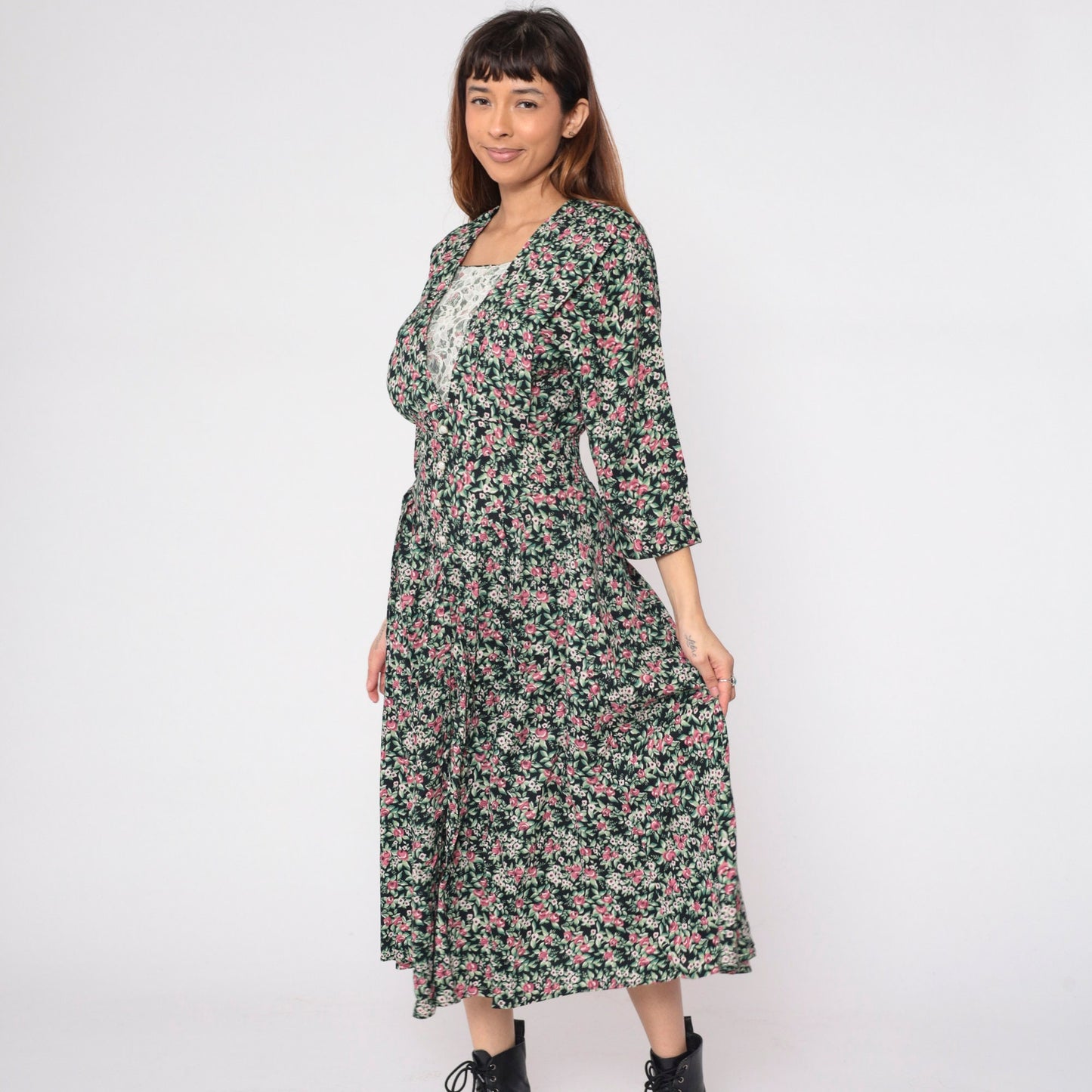 90s Maggie Lawrence Black Floral Midi Dress Basque Waist Lace V-Neck Small S