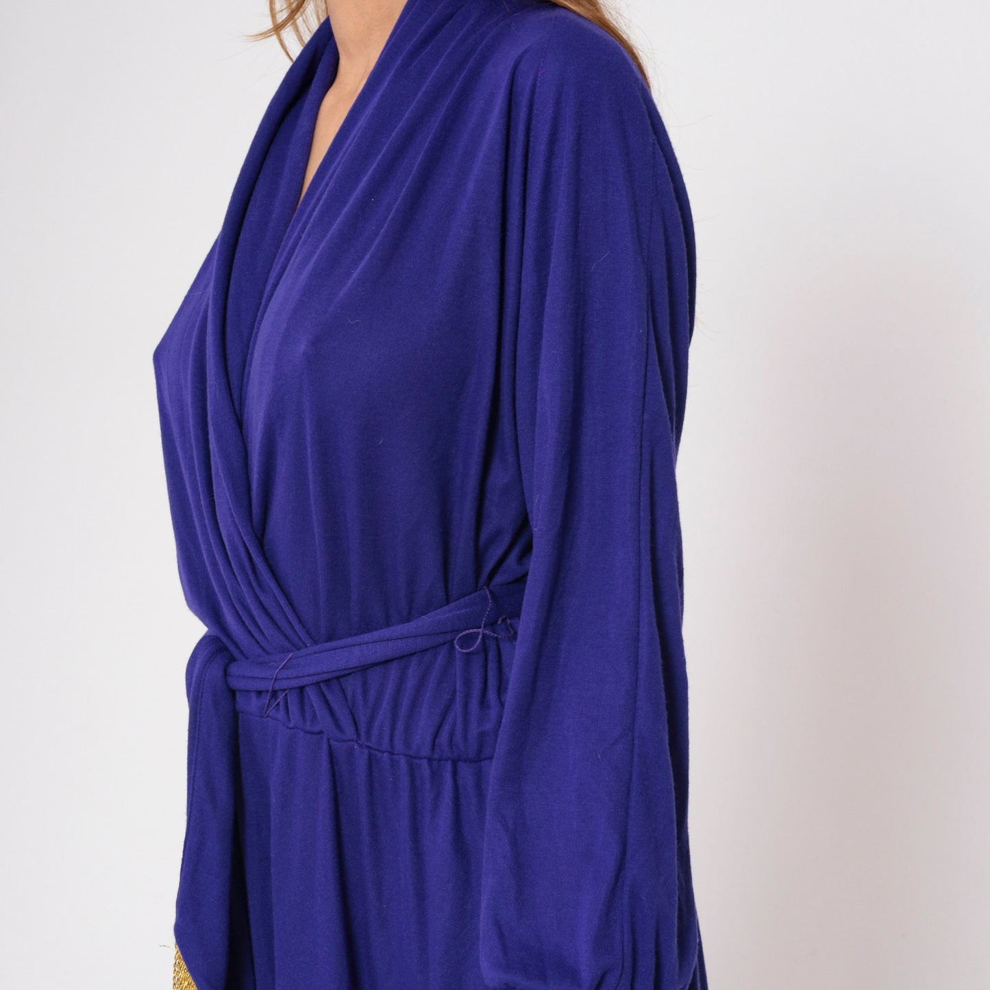 Y2K Purple Wrap Maxi Dress Gold Tassel Long Sleeve Draped Ankle Length Large L