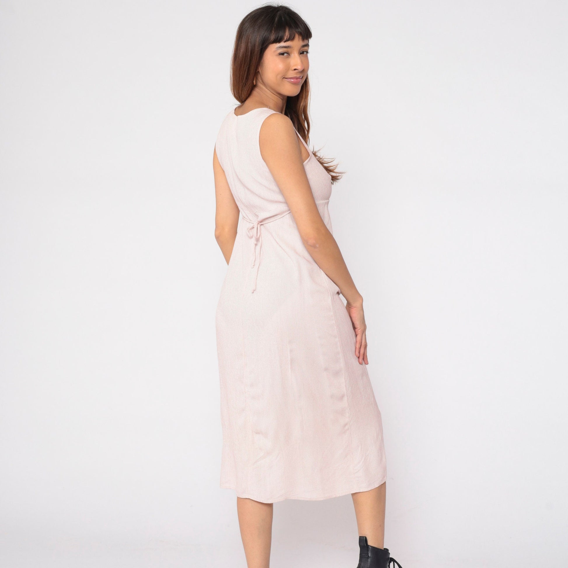 90s Cream Pink Checkered Midi Dress Empire Waist Sleeveless Small S