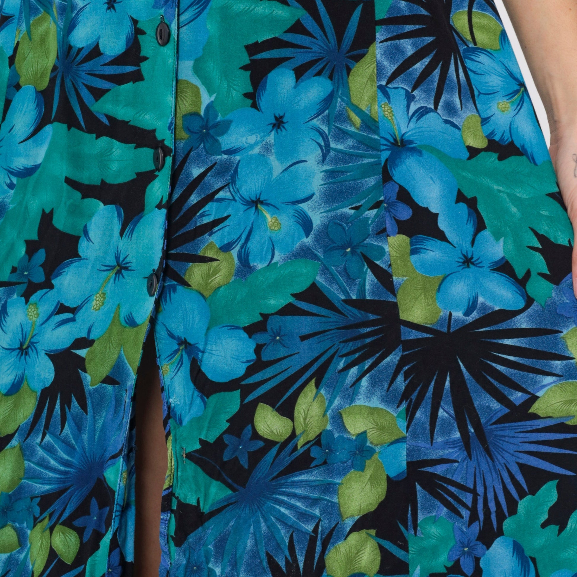 90s Tropical Floral Midi Dress Blue Hibiscus Leaf Print Collared Sleeveless Large