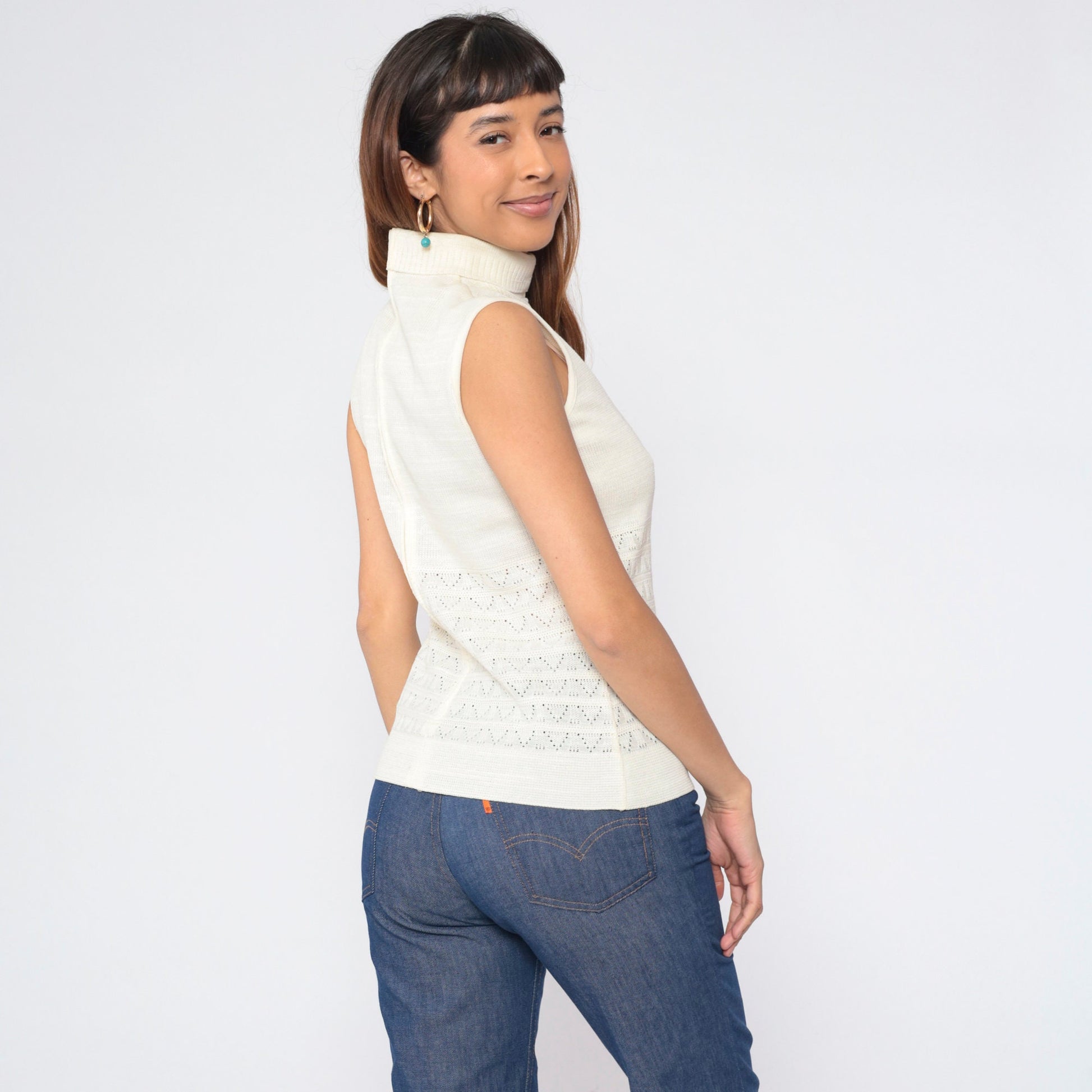 70s Cream Pointelle Knit Tank Top Mock Neck Cutout Sleeveless Small S