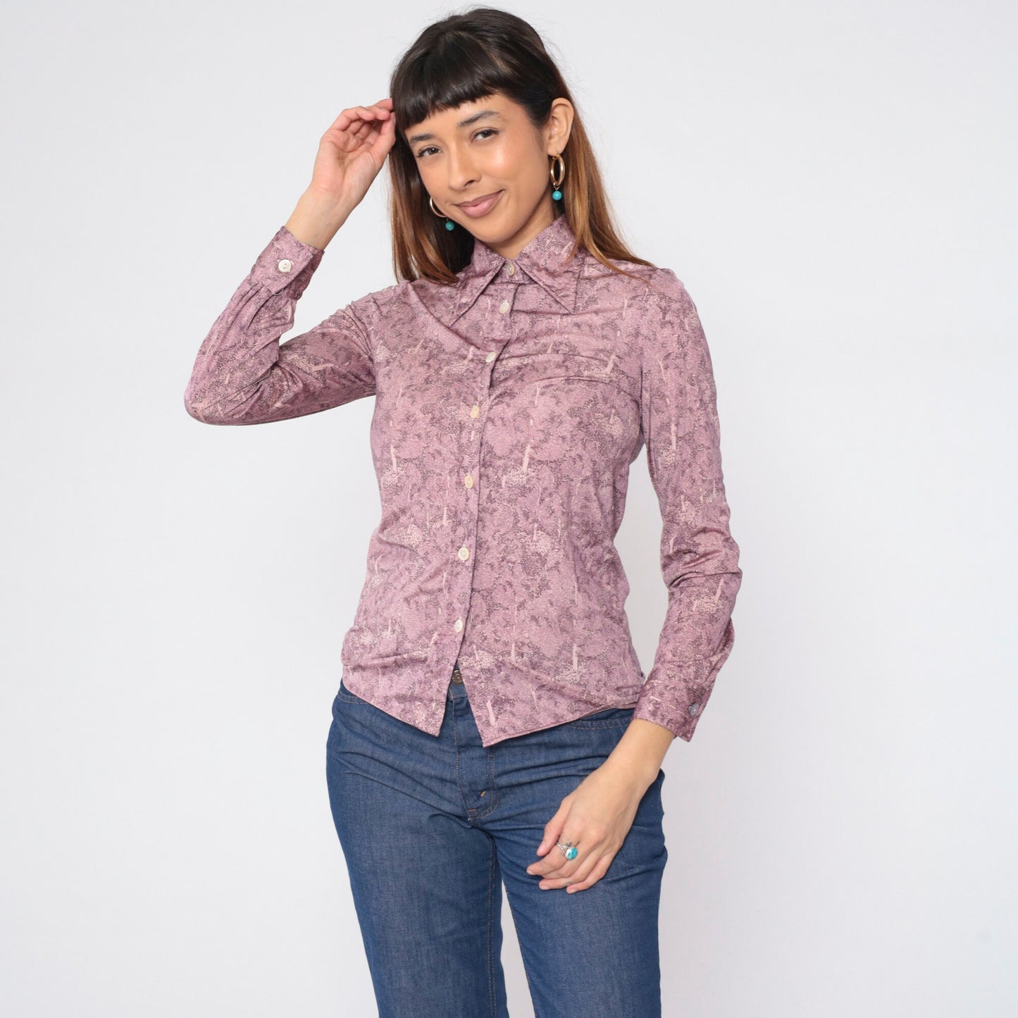 70s Oscar Valentino Tree Print Pink Button-Up Blouse Dagger Collar XS