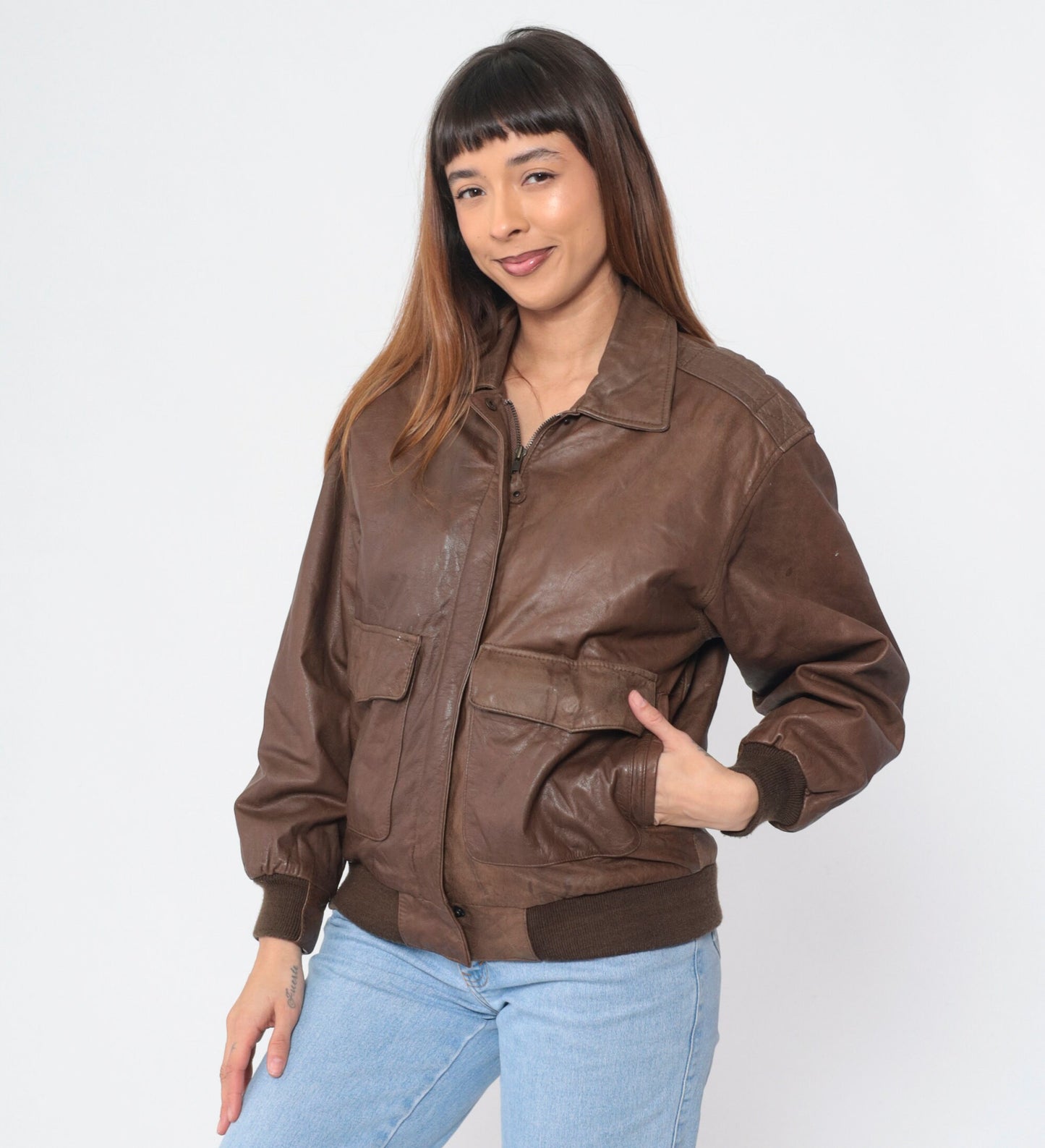 90s Georgetown Leathers Brown Leather Bomber Jacket Small S