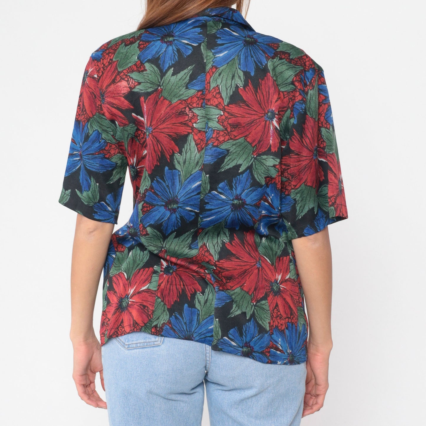 90s Floral Print Button-Up Blouse Deep V-Neck Short Sleeve Medium