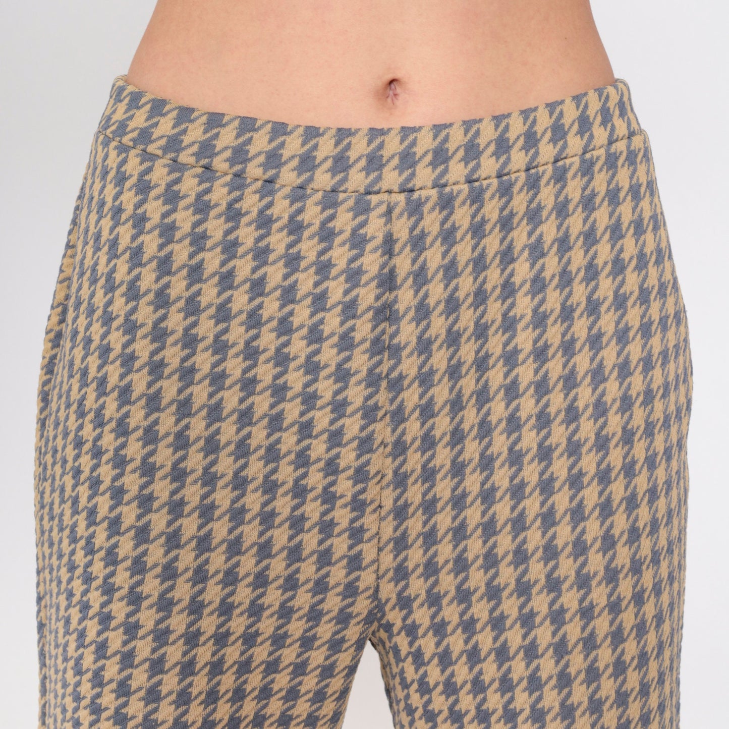 70s Houndstooth Flared Trousers High Waist Grey Tan Checkered Small Medium