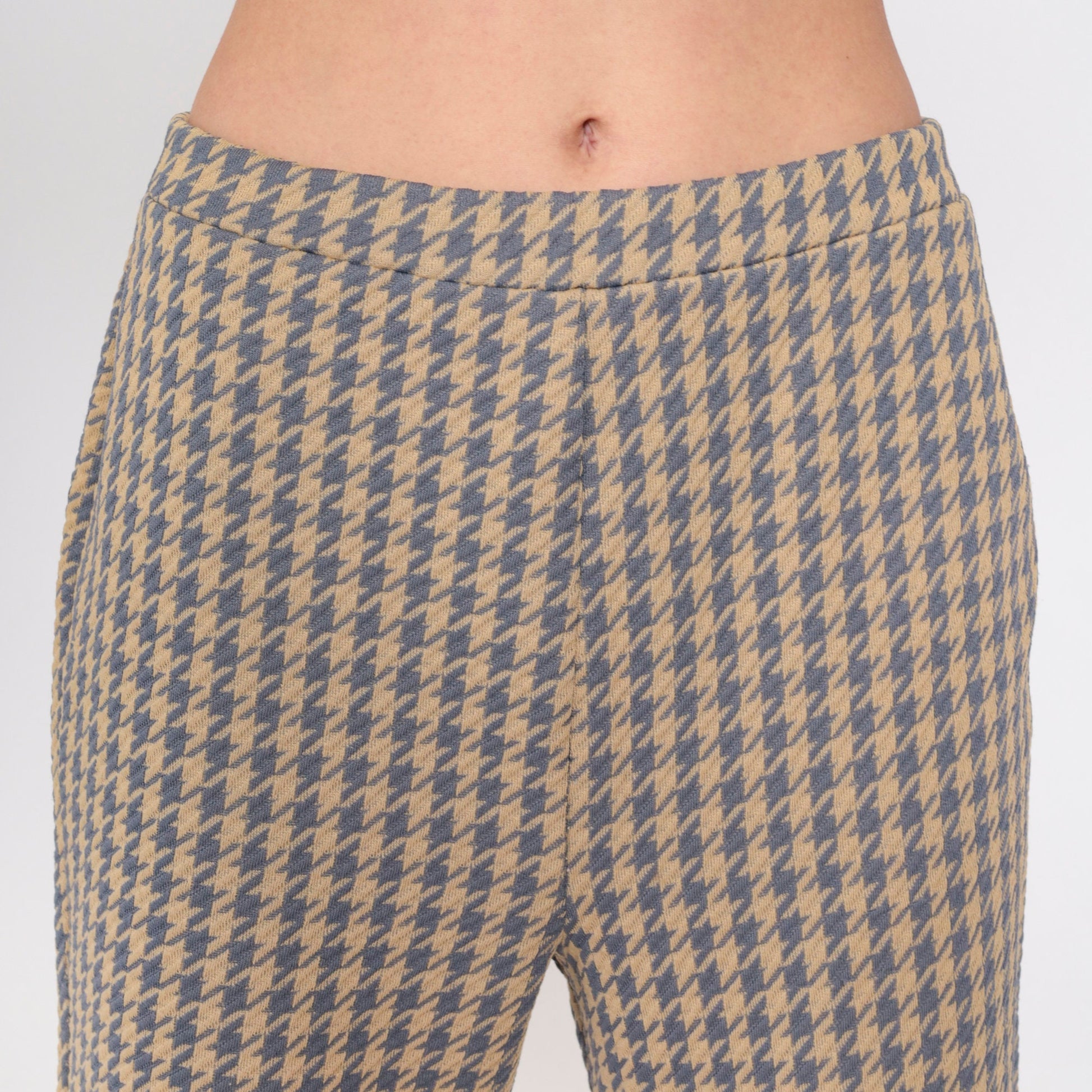 70s Houndstooth Flared Trousers High Waist Grey Tan Checkered Small Medium