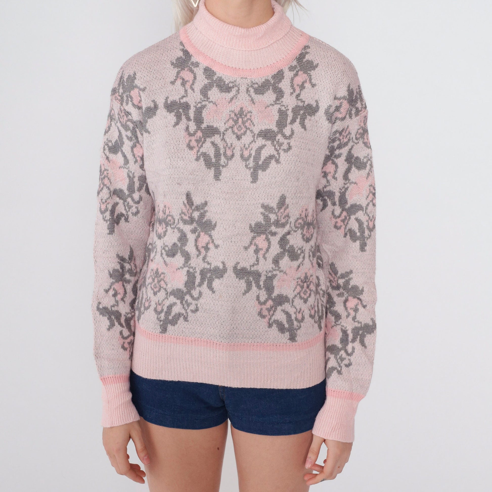 90s Pink Floral Abstract Knit Sweater Mock Neck Wool Blend Small S