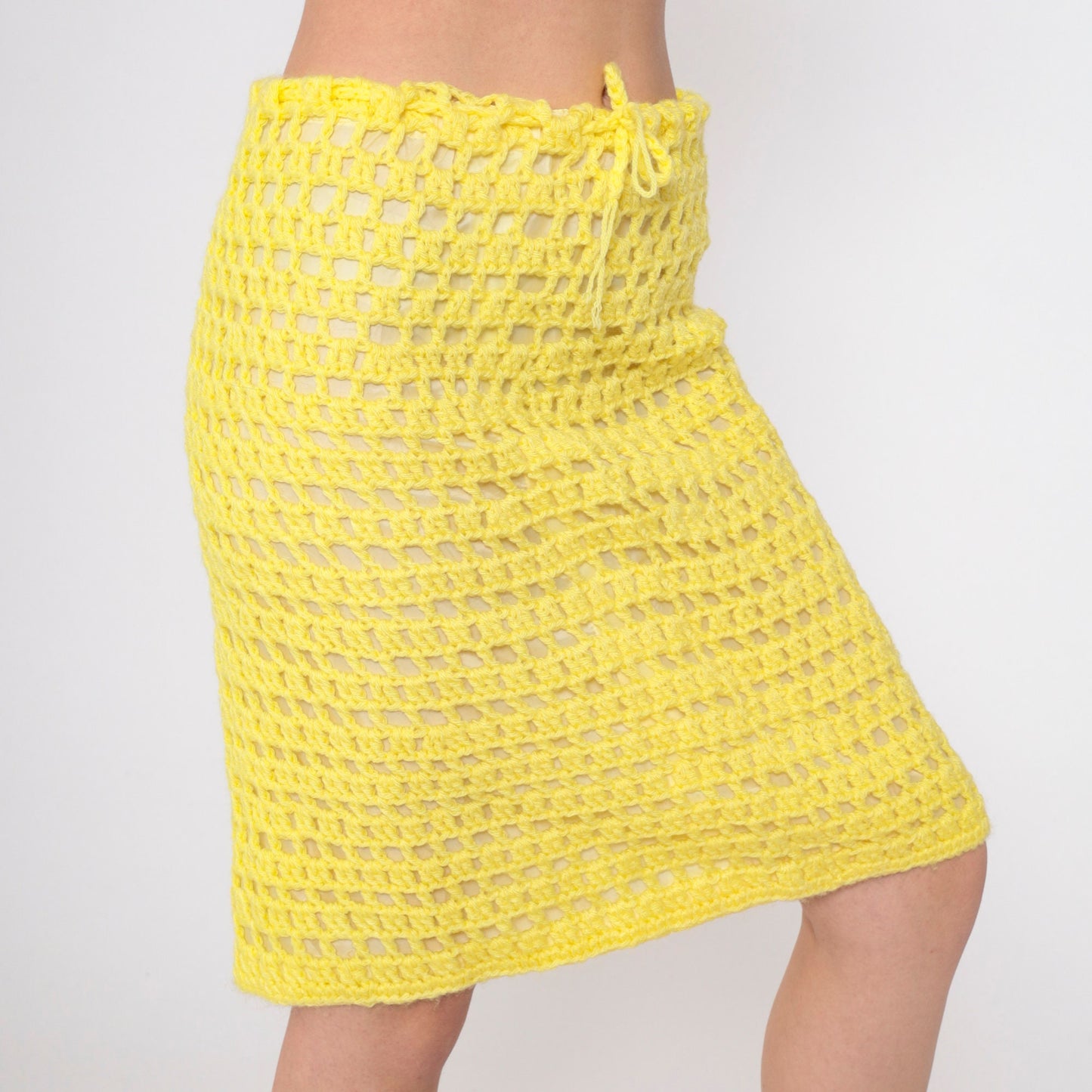 70s Yellow Crochet Midi Skirt High Waisted Open Weave Drawstring Small