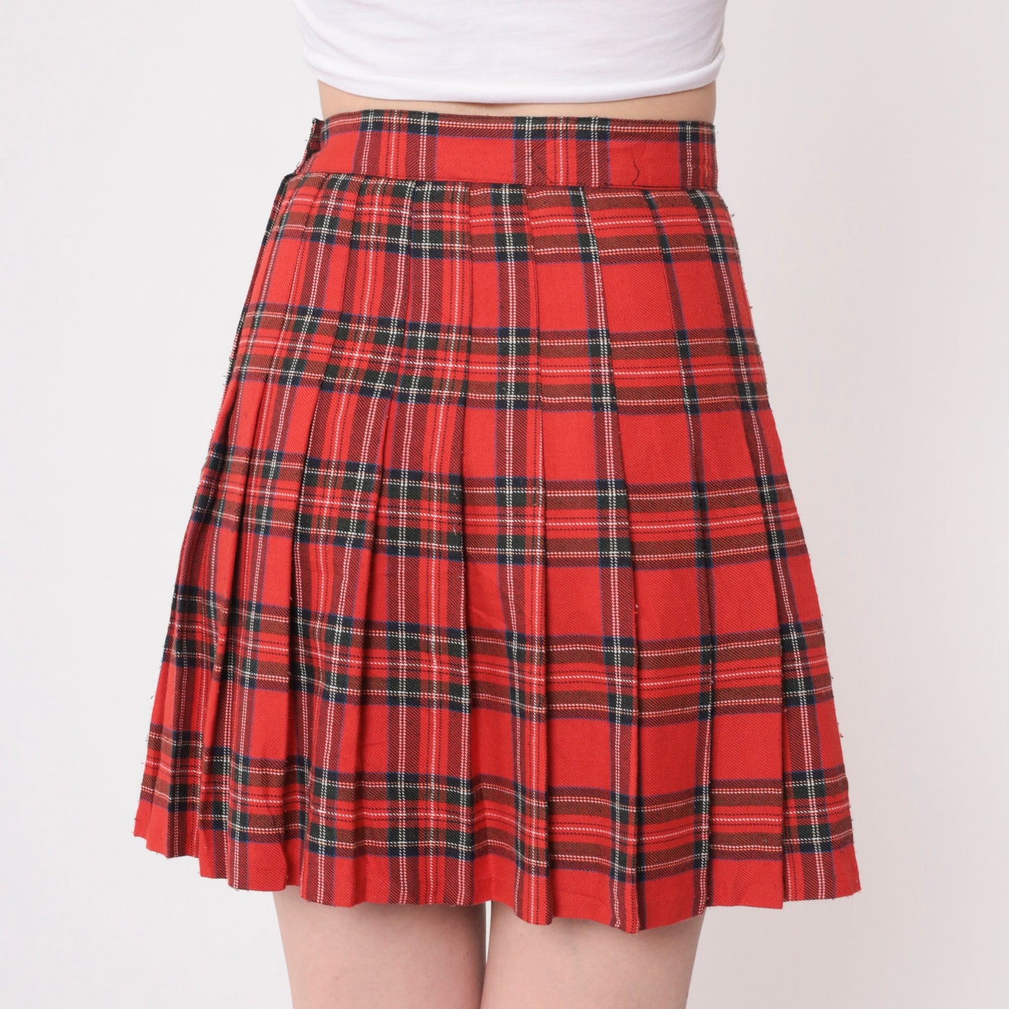90s Red Plaid Mini Skirt High Waisted Pleated Tartan Extra Small