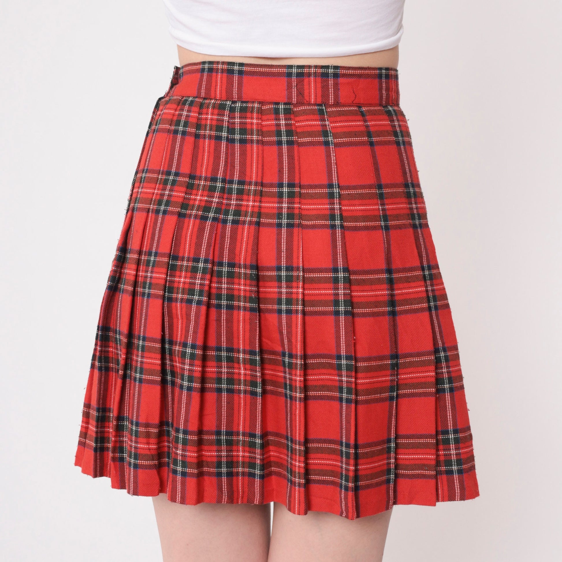 90s Red Plaid Mini Skirt High Waisted Pleated Tartan Extra Small