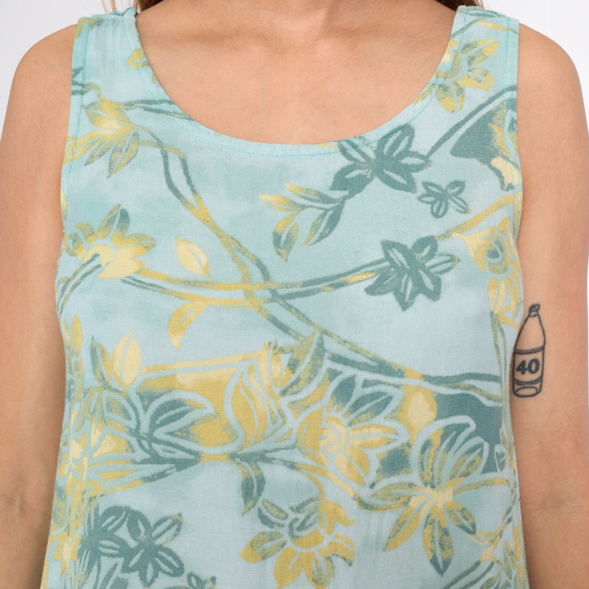 90s Seafoam Floral Rayon Maxi Dress Sleeveless Side Slit Small