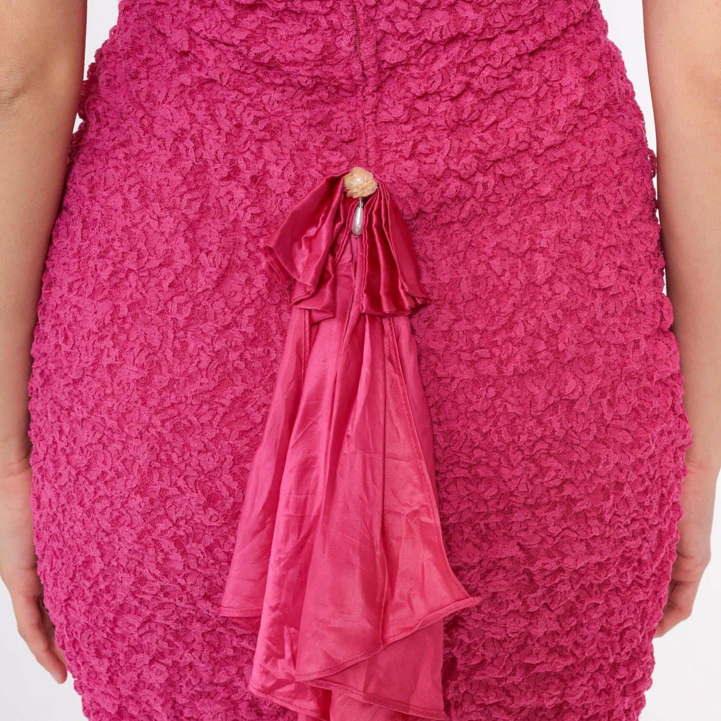 90s Hot Pink Lace Bodycon Mini Dress Bardot Sequin Beaded Trim Small