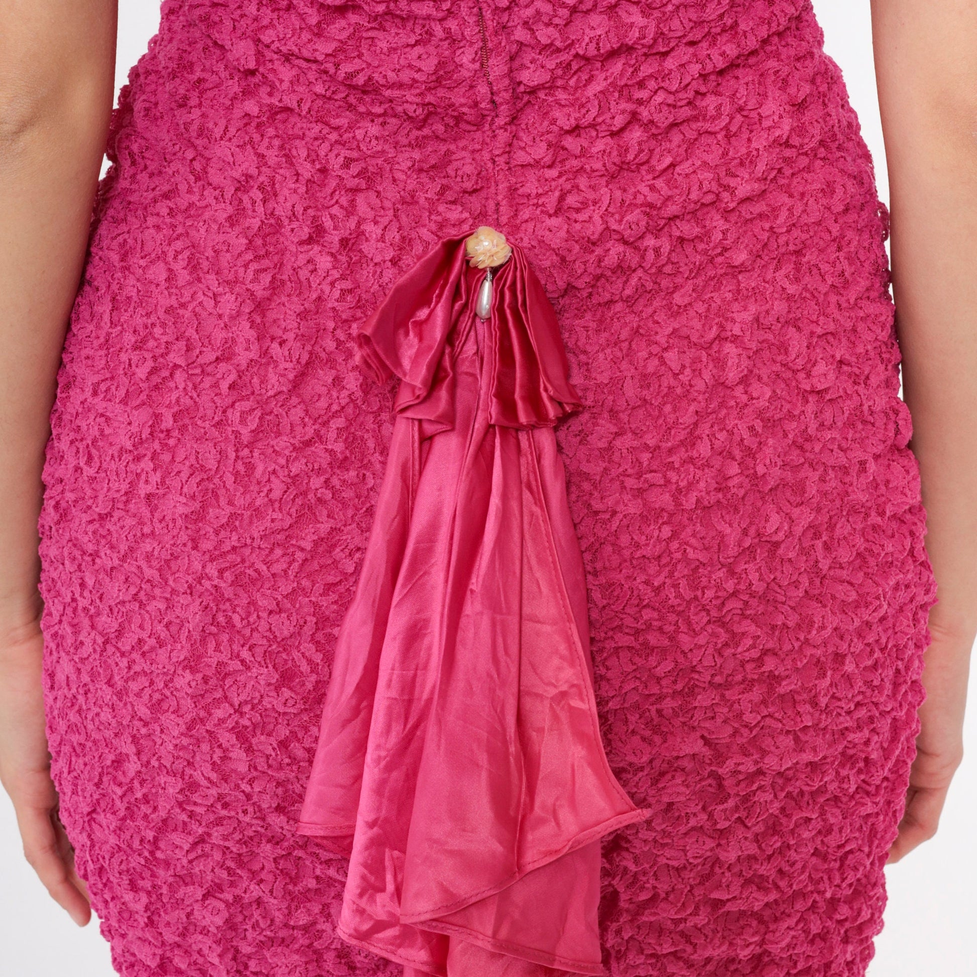 90s Hot Pink Lace Bodycon Mini Dress Bardot Sequin Beaded Trim Small