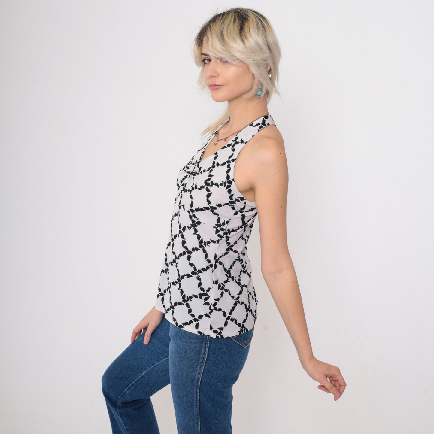 70s Halter Tank Top Black White Leaf Print Racerback Small