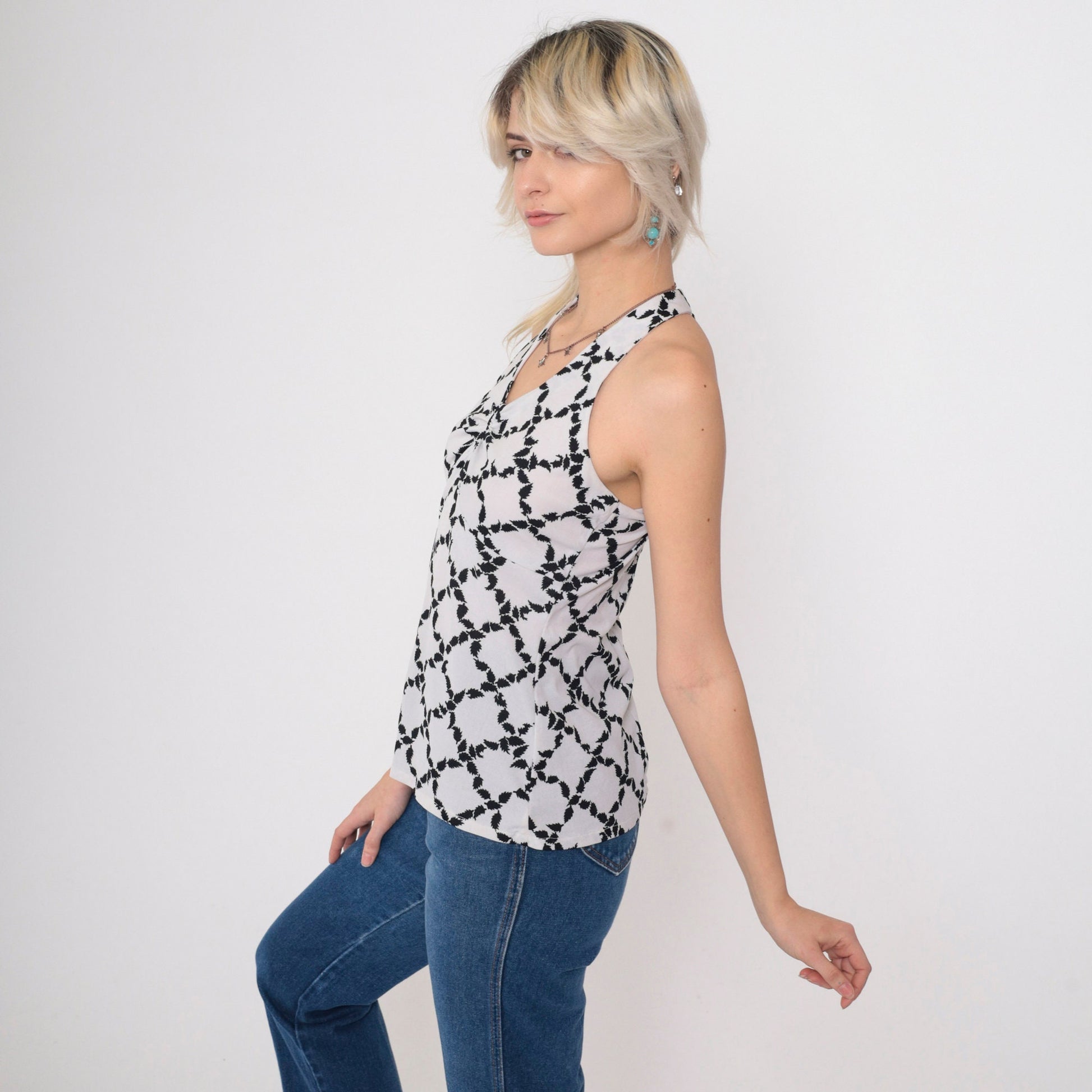 70s Halter Tank Top Black White Leaf Print Racerback Small