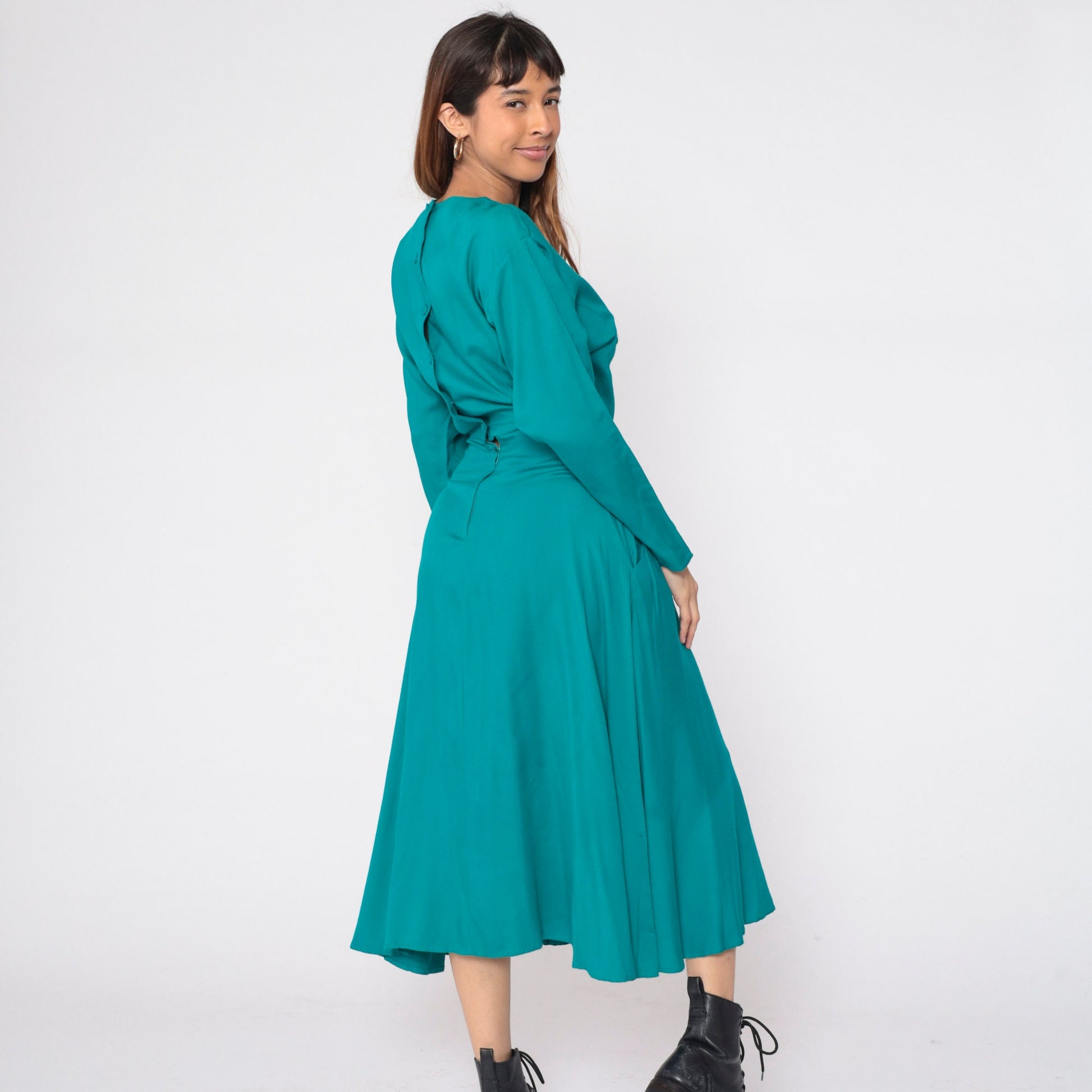 90s Teal Green Rayon Dress Button Back Batwing Sleeve Ankle Length Small