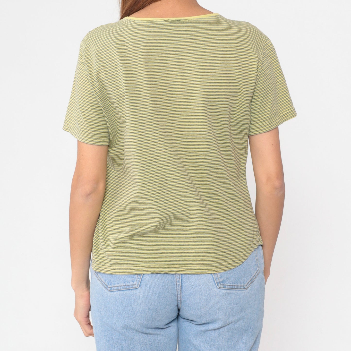 90s Gramicci Striped Yellow Scoop Neck T-Shirt Cotton Short Sleeve Large