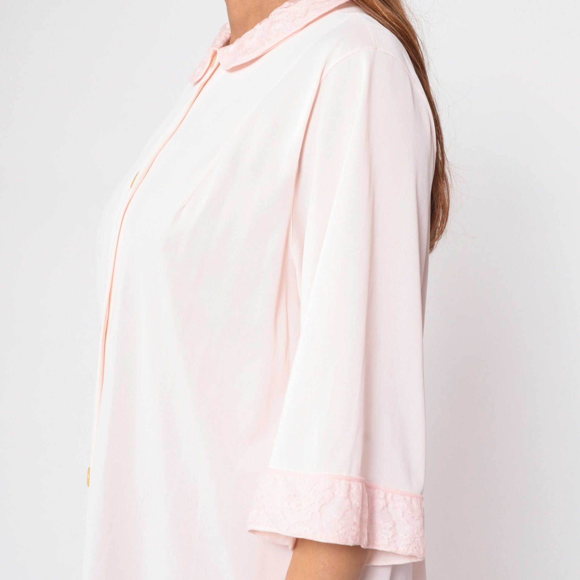 70s Baby Pink Lace Trim Pajama Robe 3/4 Sleeve Button Front Midi Medium