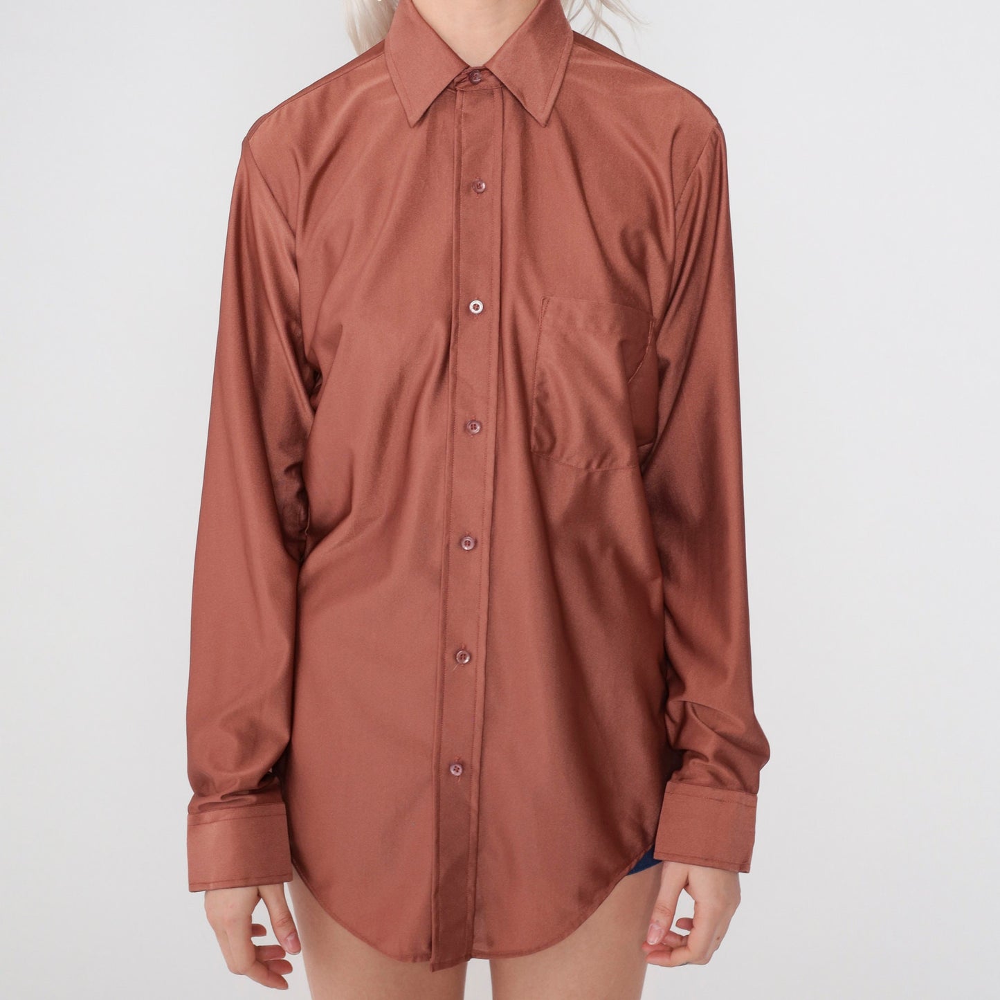 70s Van Heusen Brown Dagger Collar Button-Up Shirt Long Sleeve Medium