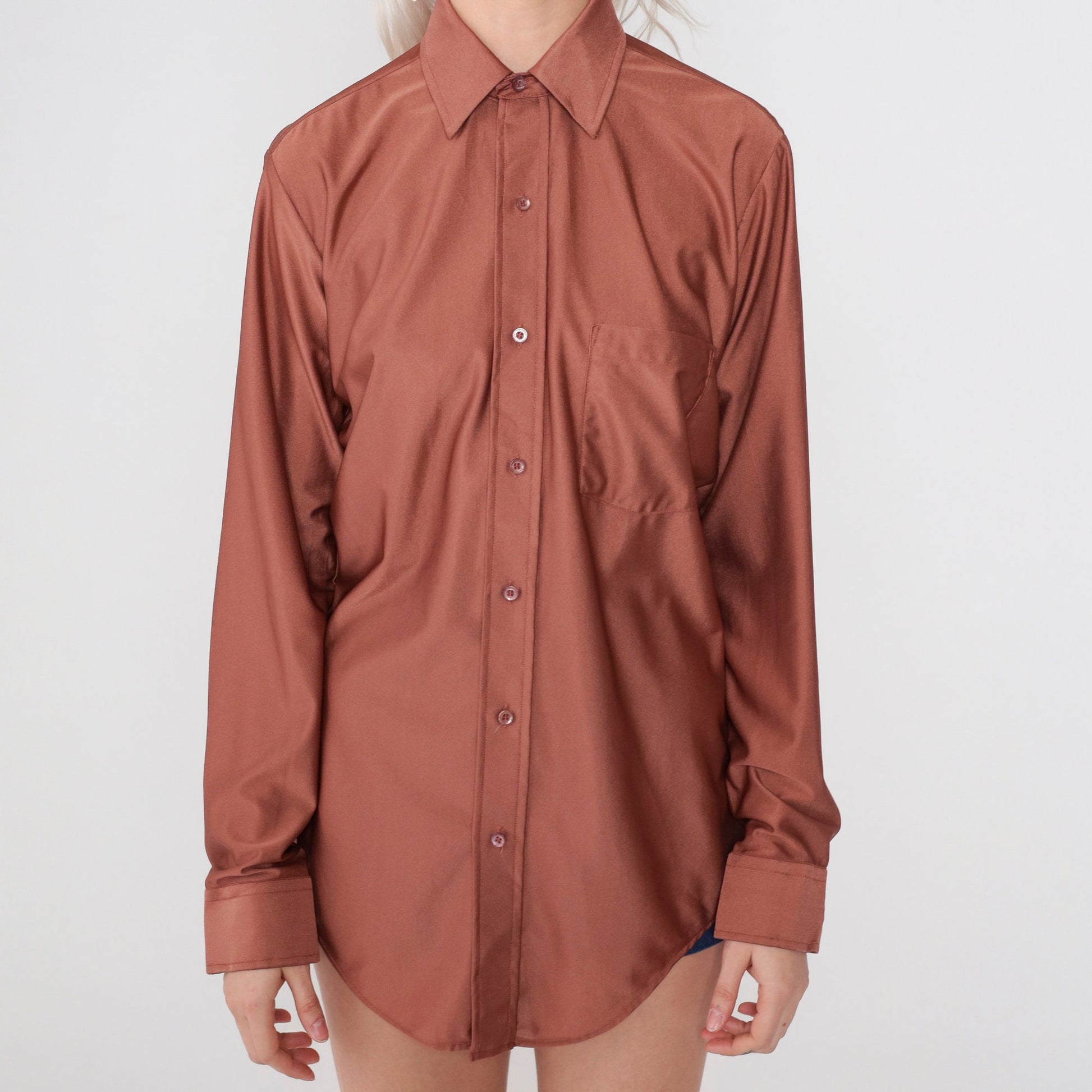 70s Van Heusen Brown Dagger Collar Button-Up Shirt Long Sleeve Medium