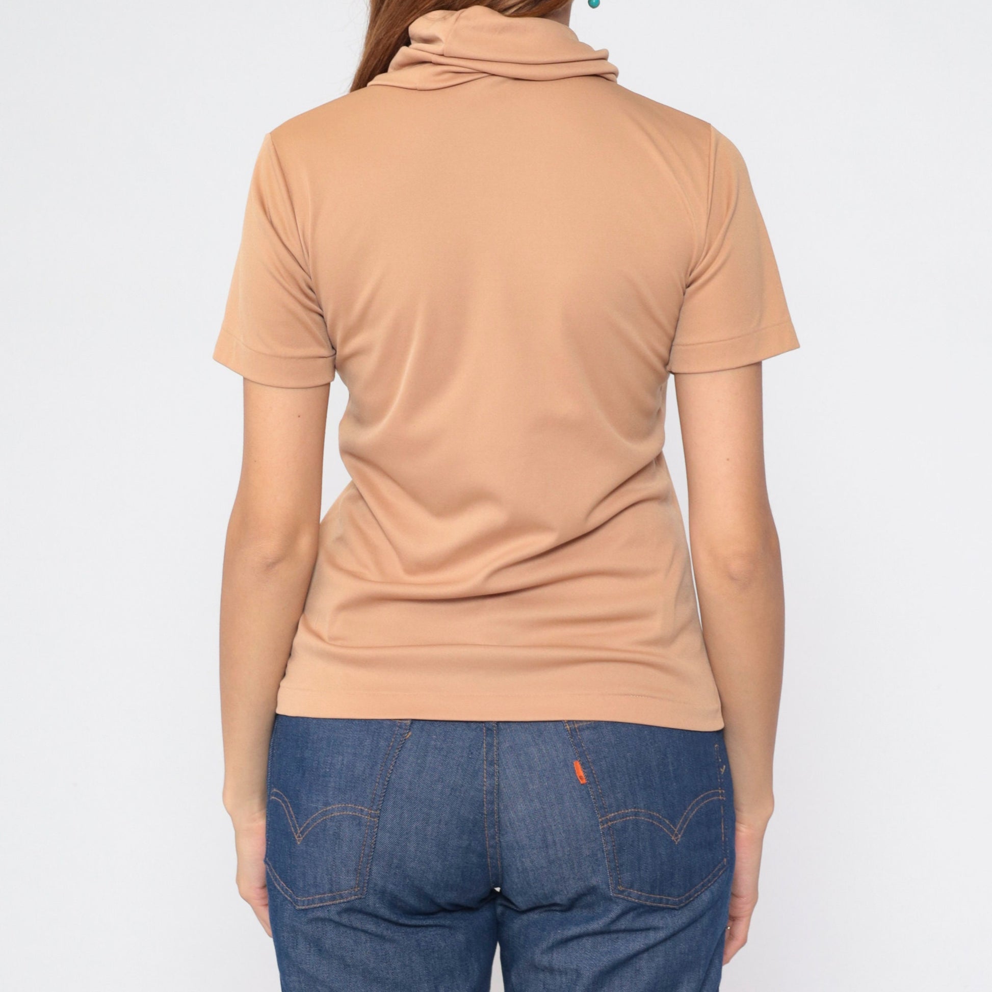 70s Tan Turtleneck Short Sleeve Blouse Medium M