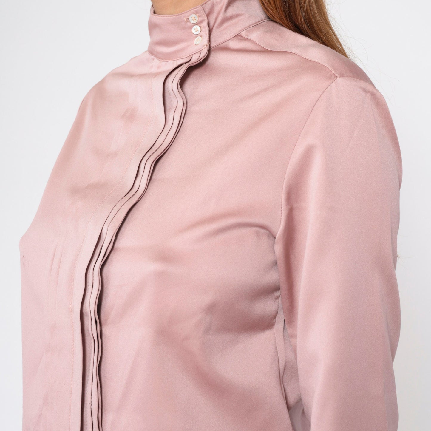 90s Ellen Tracy Pink Pleated Blouse Mock Neck Long Sleeve Medium