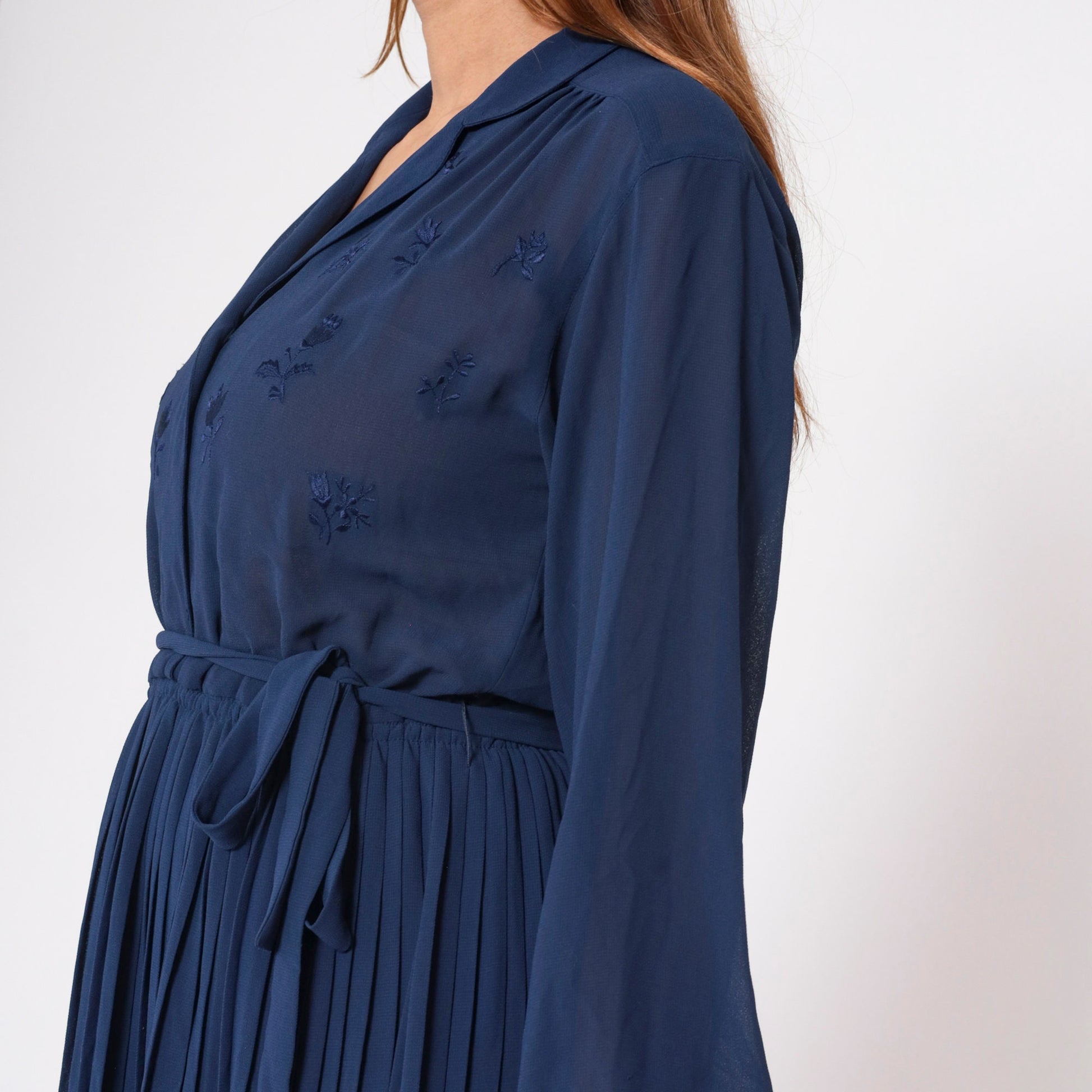 70s Navy Floral Sheer Dress High Waist Pleated Midi Long Sleeve Small
