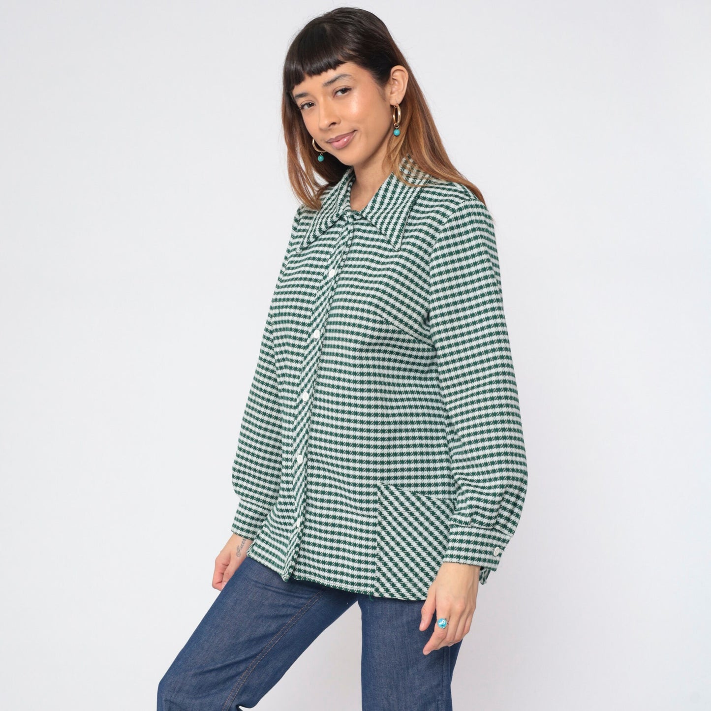 70s Green White Checkered Button-Up Blouse Long Sleeve Collared Shirt Extra Large