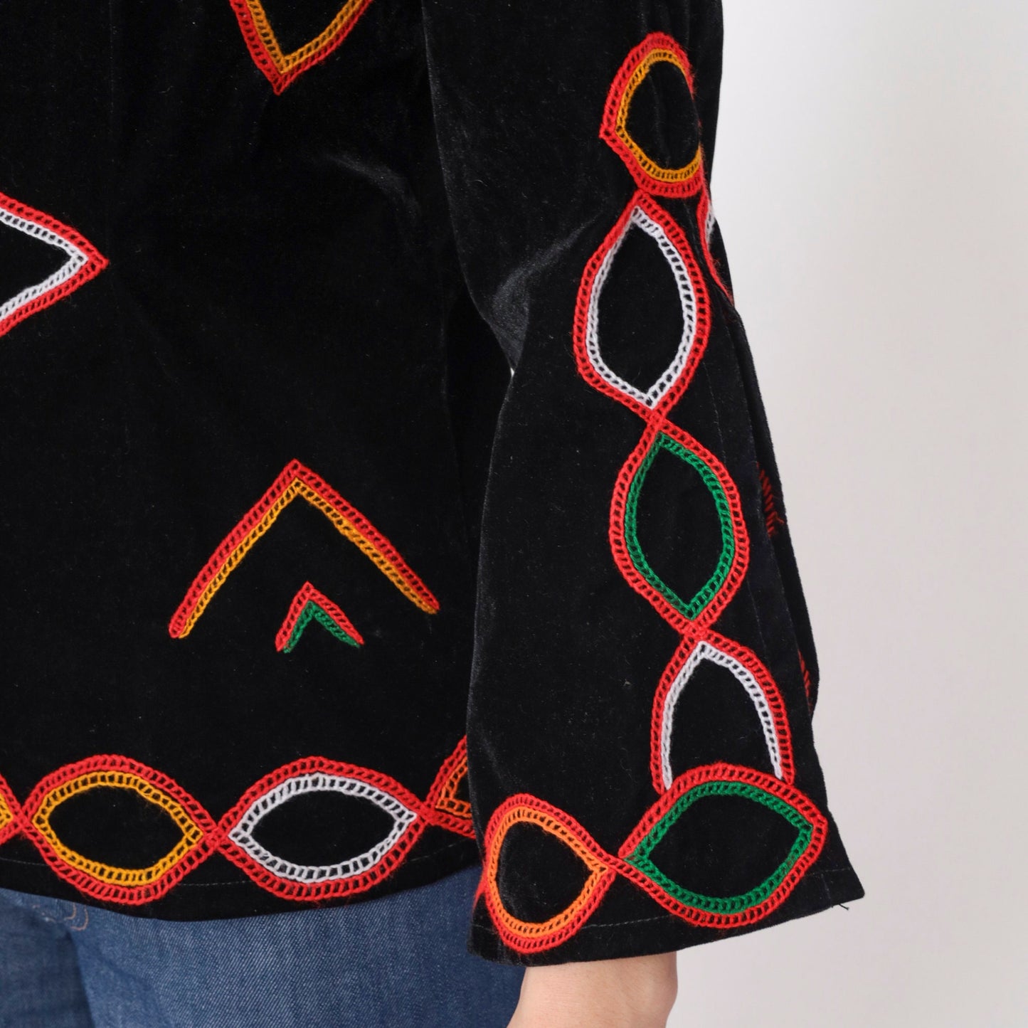80s Black Velvet Blouse Embroidered Split Bell Sleeve Open Back Medium M