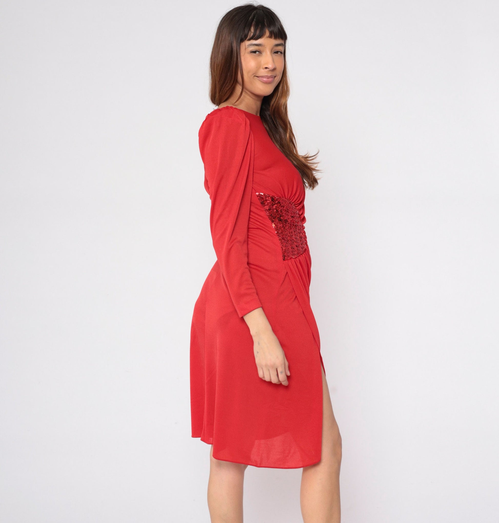 80s Red Sequin Draped Midi Dress Puff Sleeve Grecian Disco Small