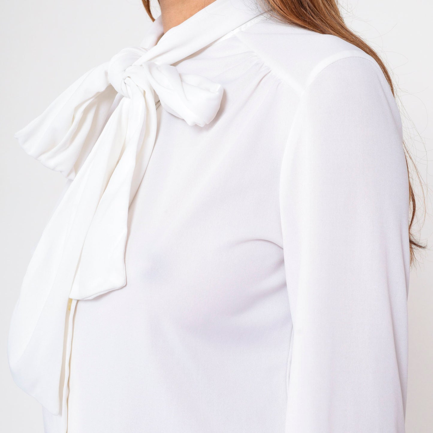 70s White Necktie Blouse Long Sleeve Button Up Ascot Shirt Medium