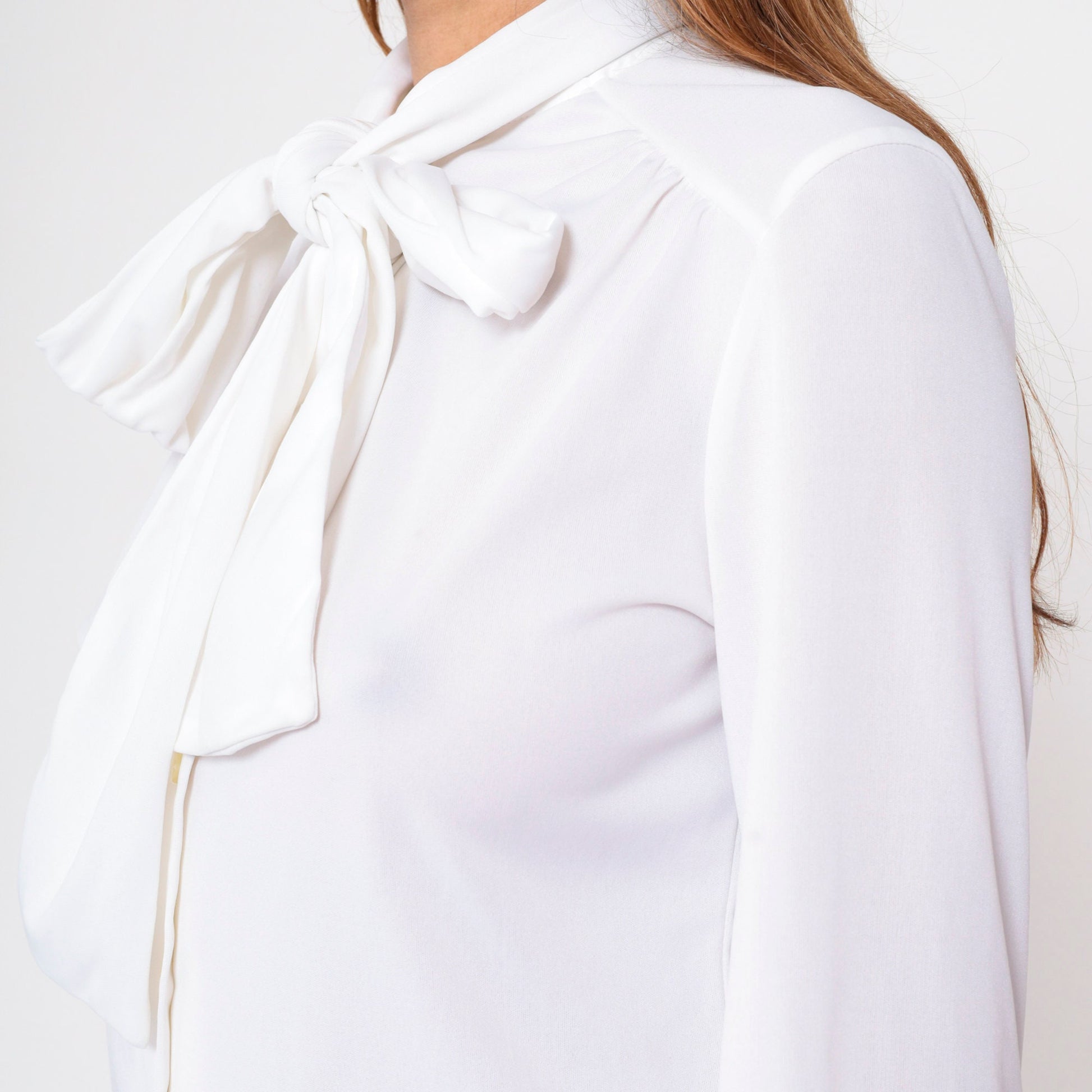 70s White Necktie Blouse Long Sleeve Button Up Ascot Shirt Medium