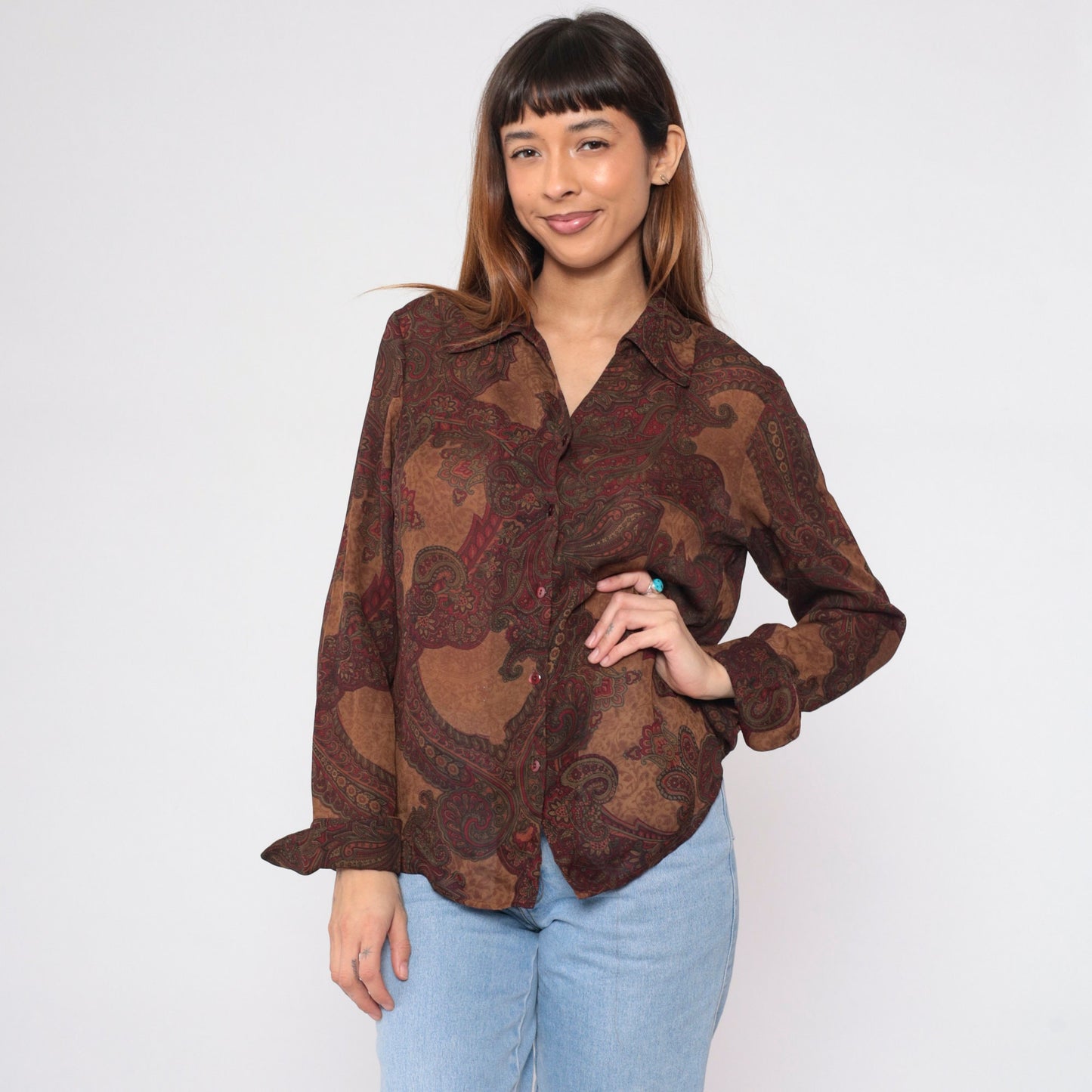 90s Kasper Paisley Button-Up Blouse Brown Long Sleeve Medium