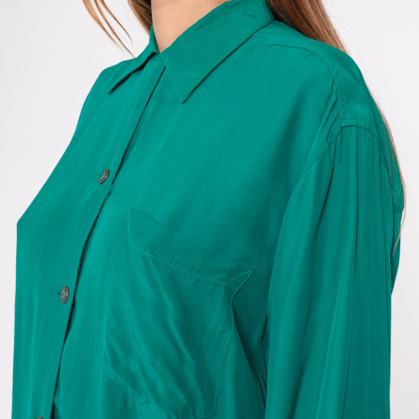 90s Paul Duffier Green Button-Up Blouse Long Sleeve Collared Small