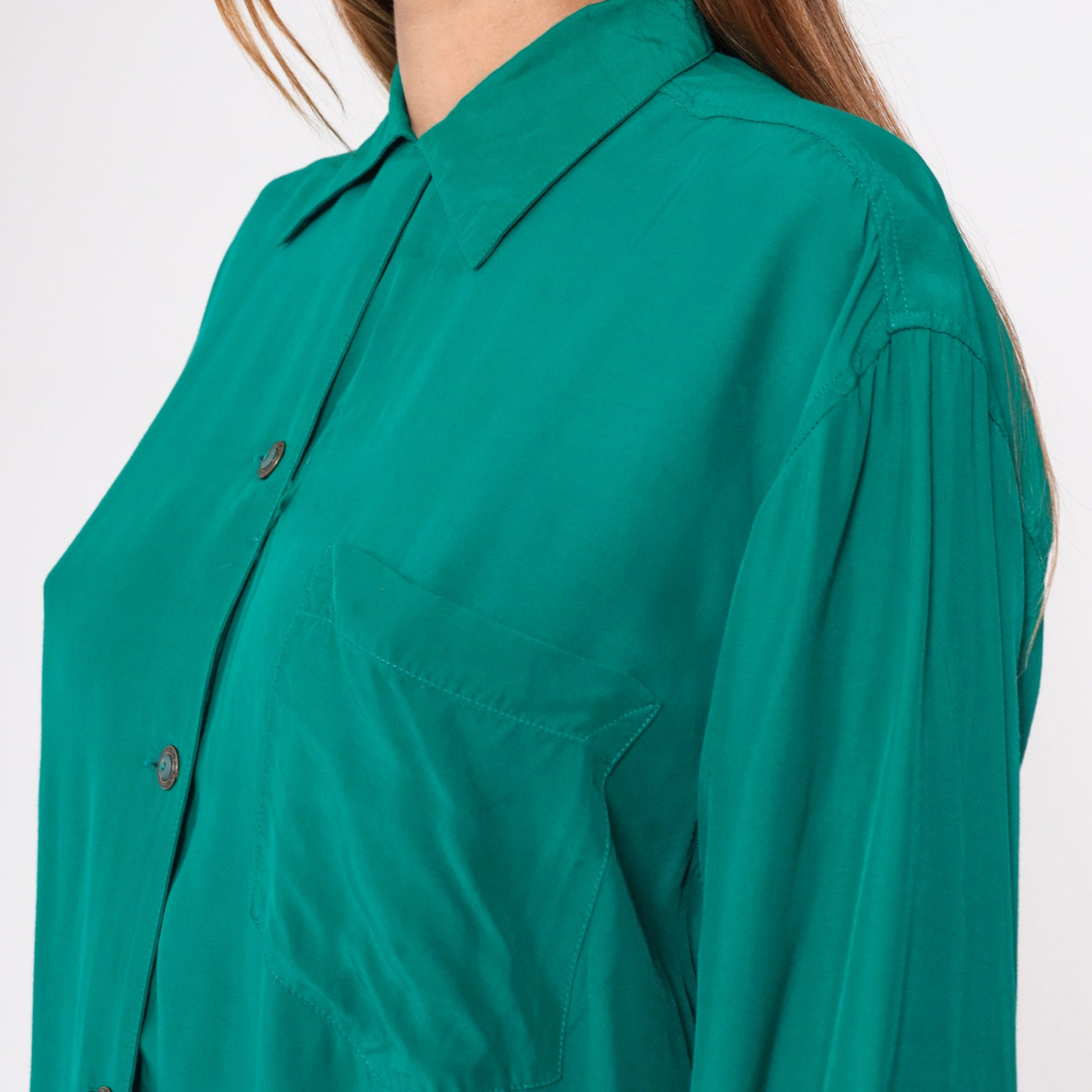 90s Paul Duffier Green Button-Up Blouse Long Sleeve Collared Small