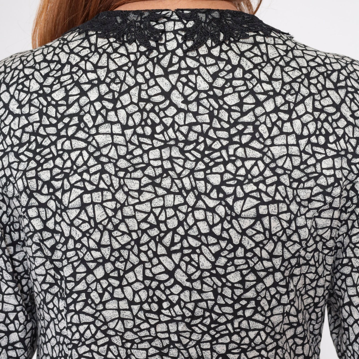 80s Diane Von Furstenberg Mosaic Print Midi Dress Black White Lace Collar Small 6