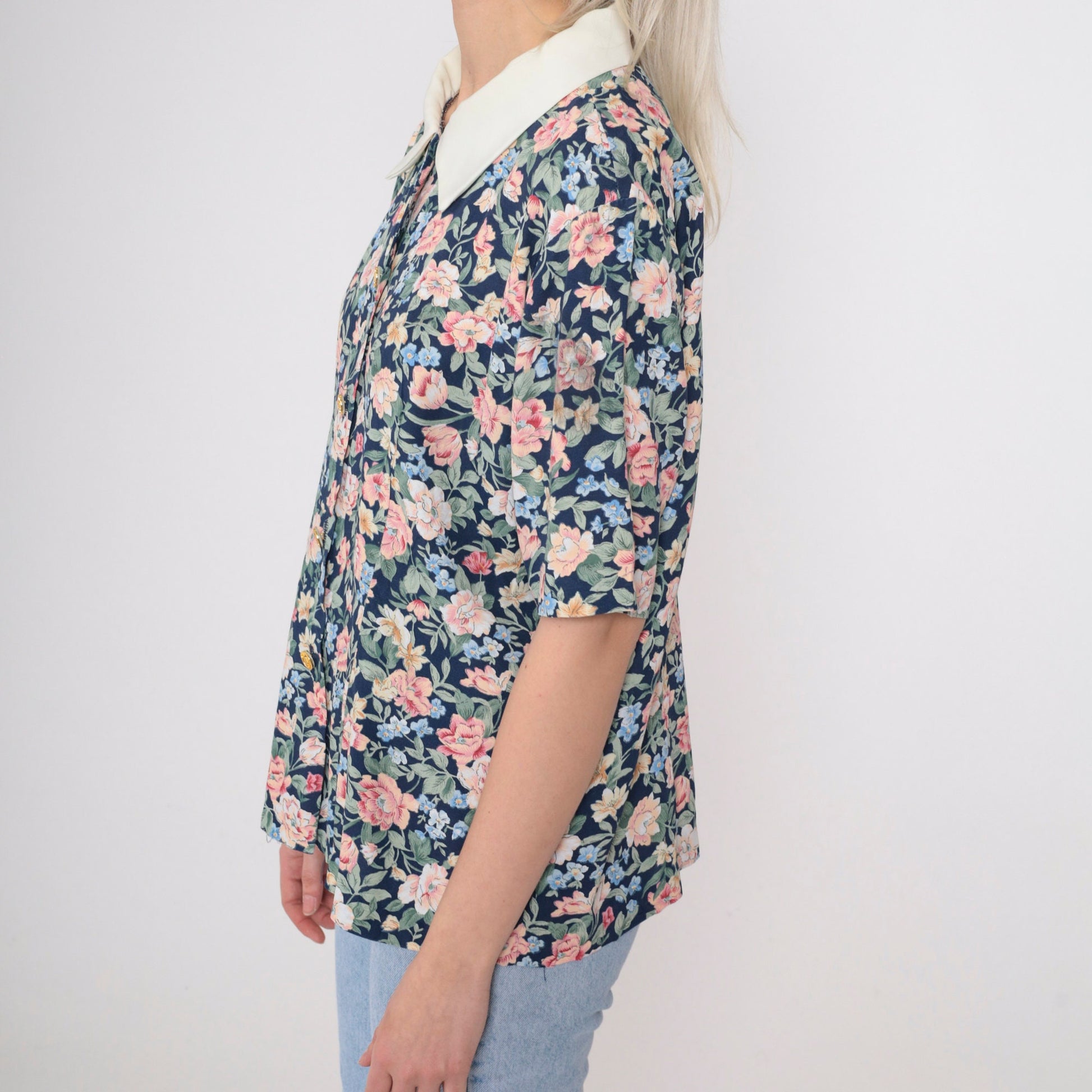 90s Dark Blue Floral Button Up Blouse White Collar Gold Buttons Small
